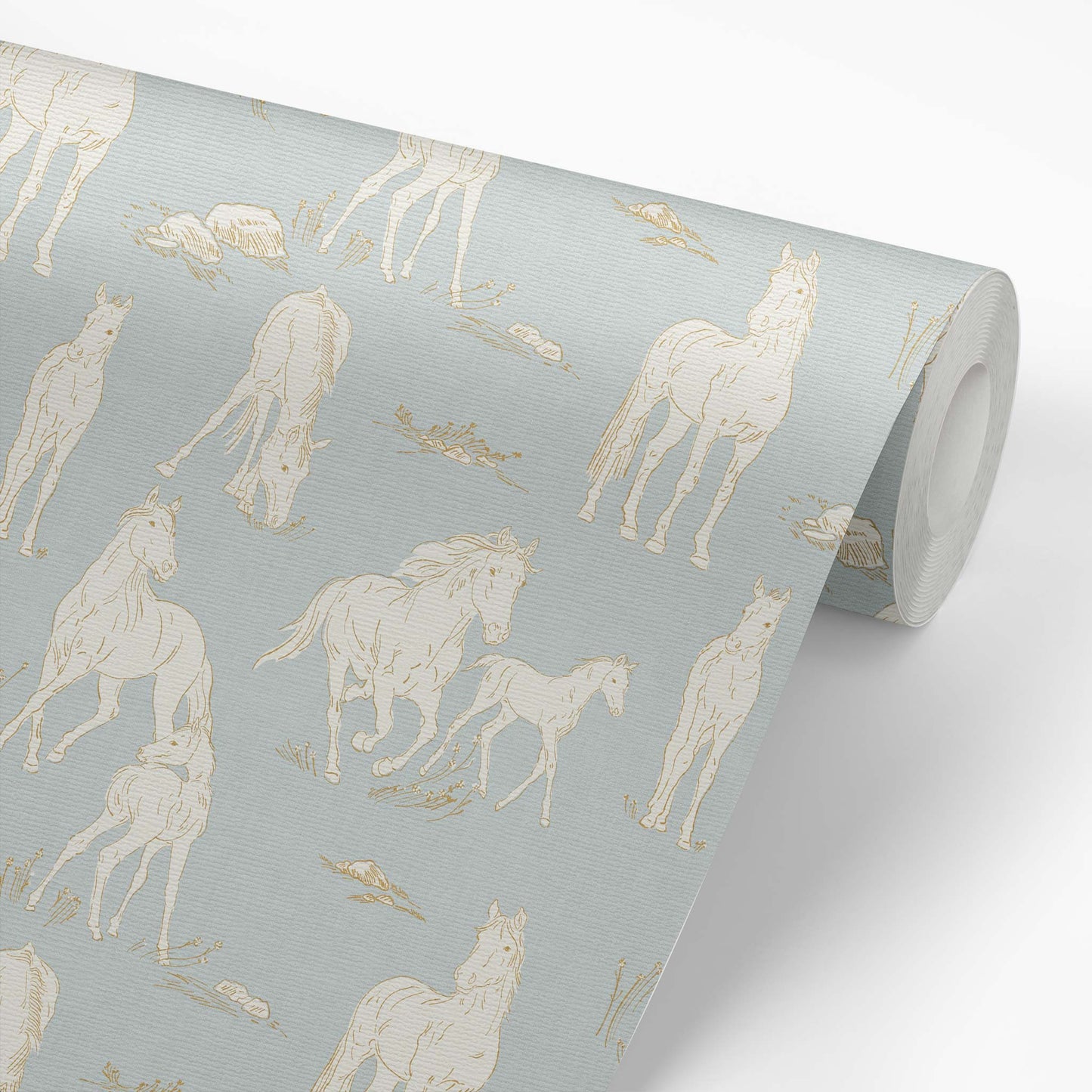 Vintage Charm Horses Wallpaper - Pale Blue shown on a roll