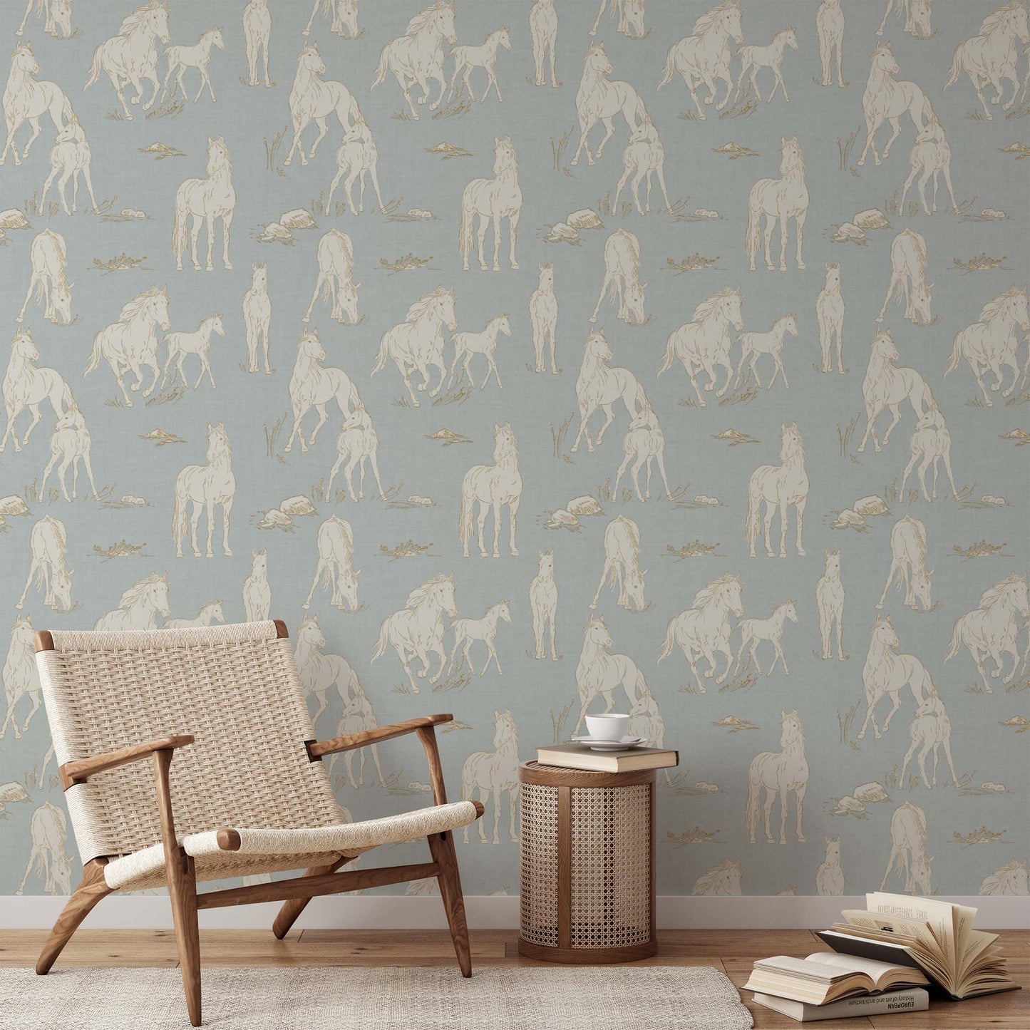 Vintage Charm Horses Wallpaper - Pale Blue shown in a room