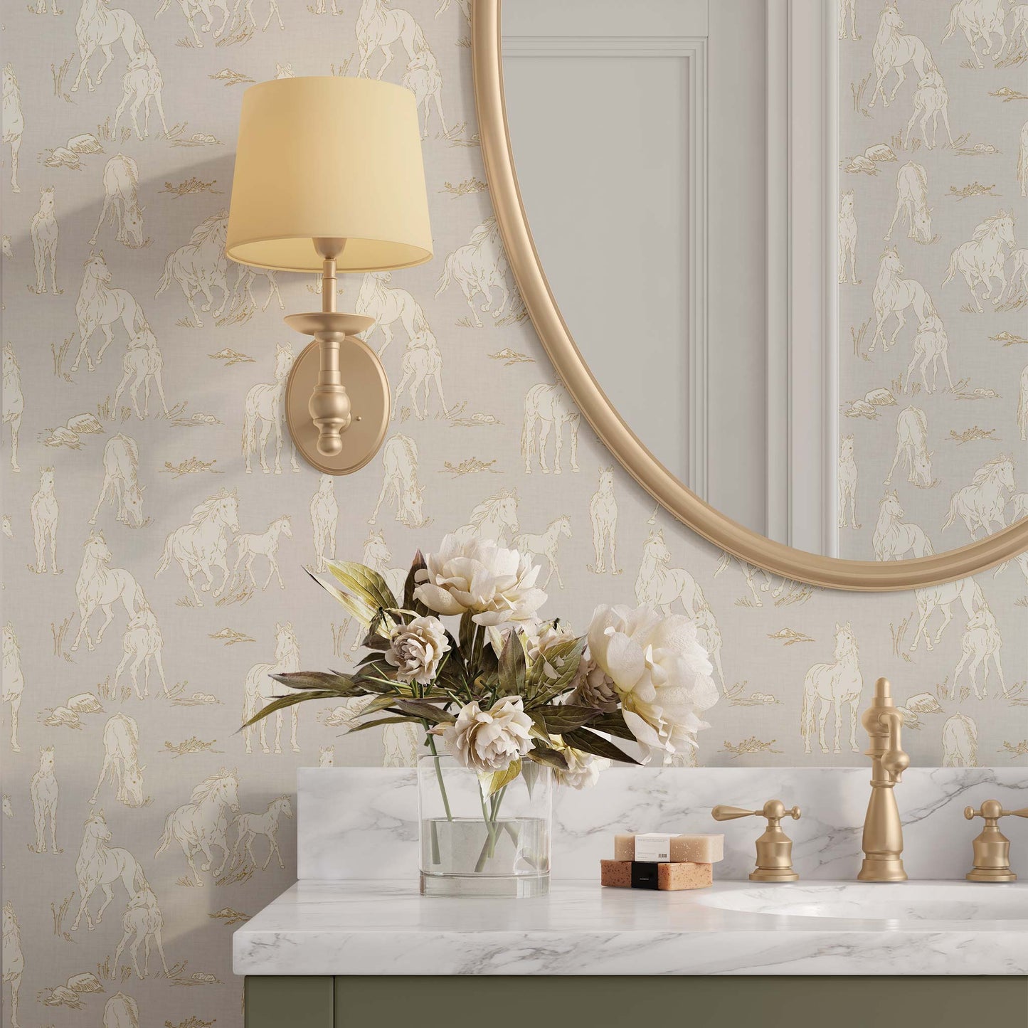 Vintage Charm Horses Wallpaper - Gray shown in a bathroom
