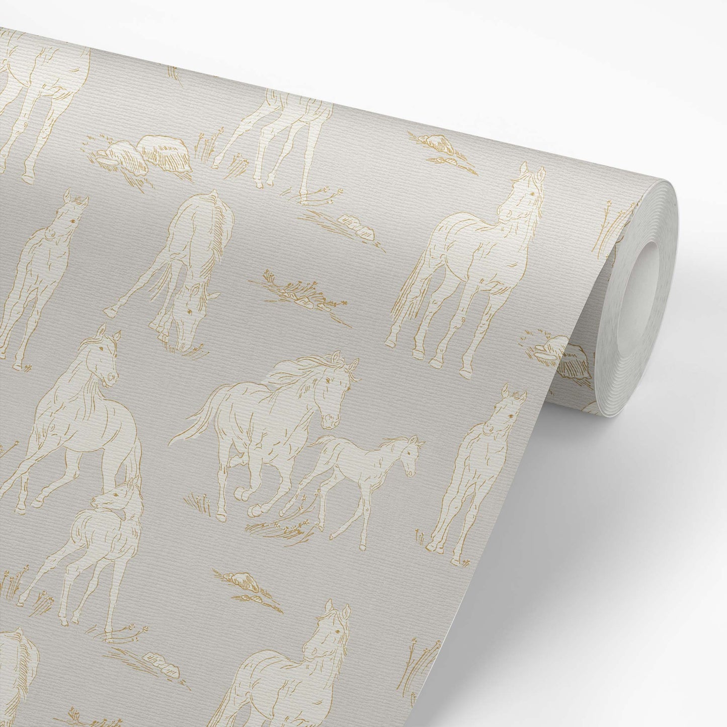 Vintage Charm Horses Wallpaper - Gray shown on a roll