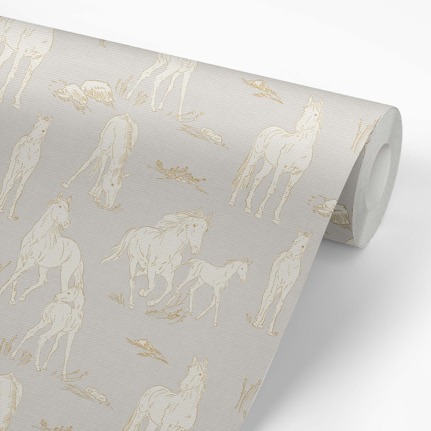 Vintage Charm Horses Wallpaper - Gray shown on a roll