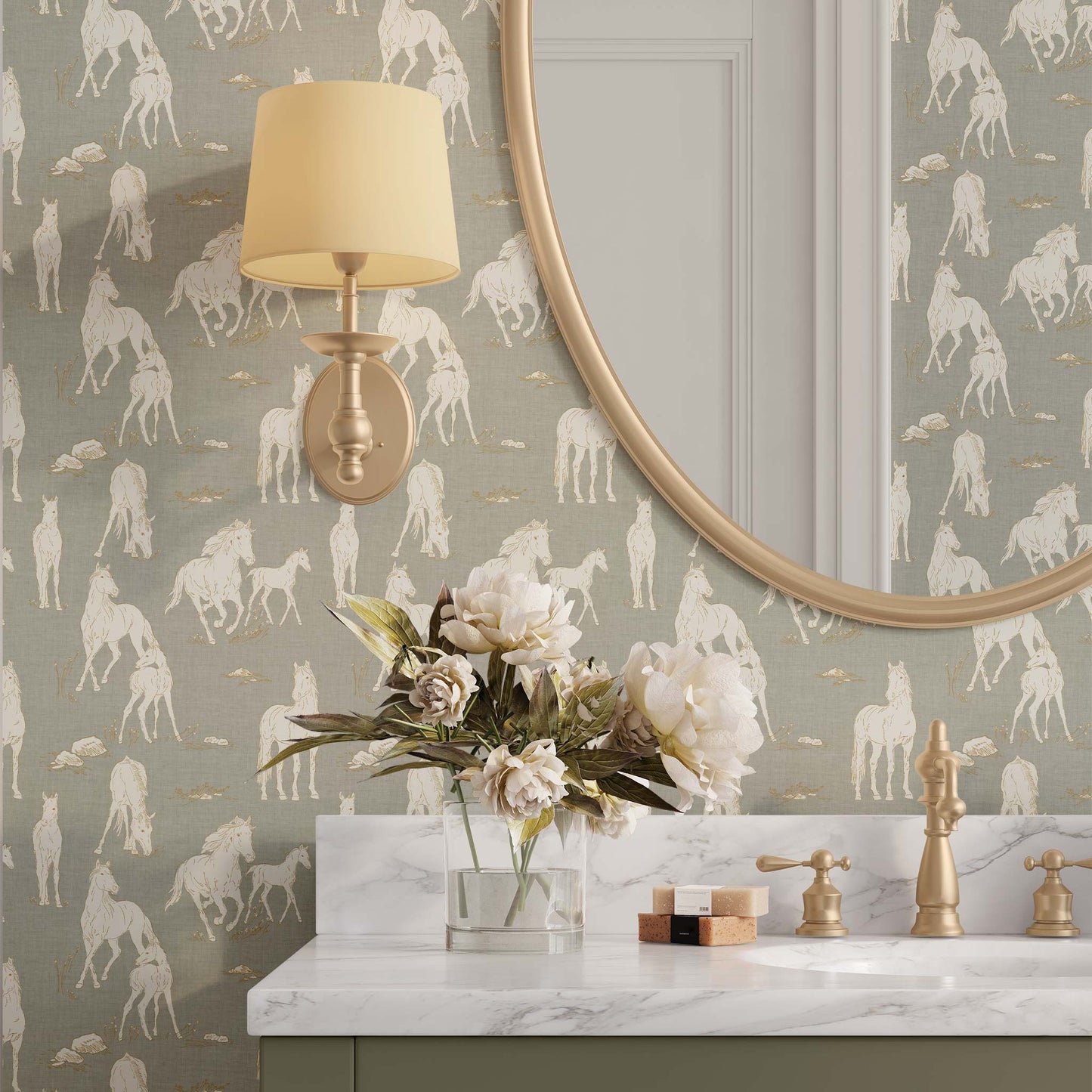 Vintage Charm Horses Wallpaper - Sage shown in a bathroom