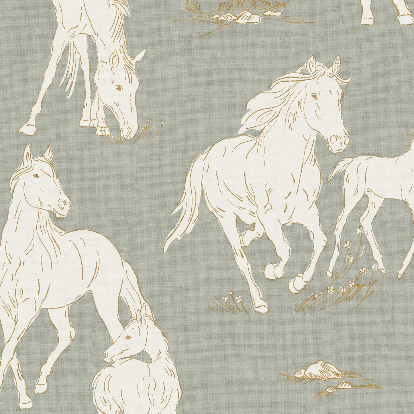 Closeup view of Vintage Charm Horses Wallpaper - Sage