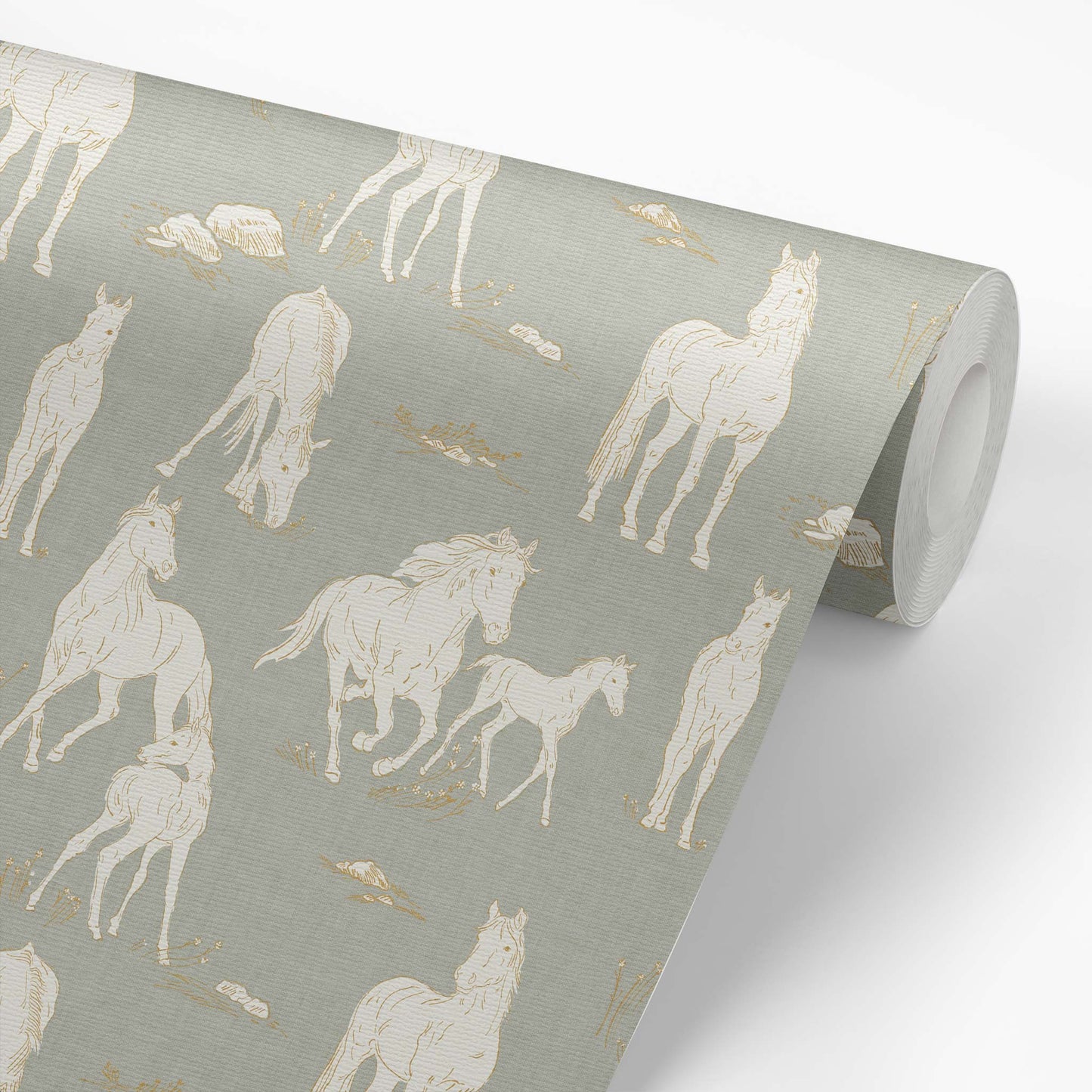 Vintage Charm Horses Wallpaper - Sage shown on a roll