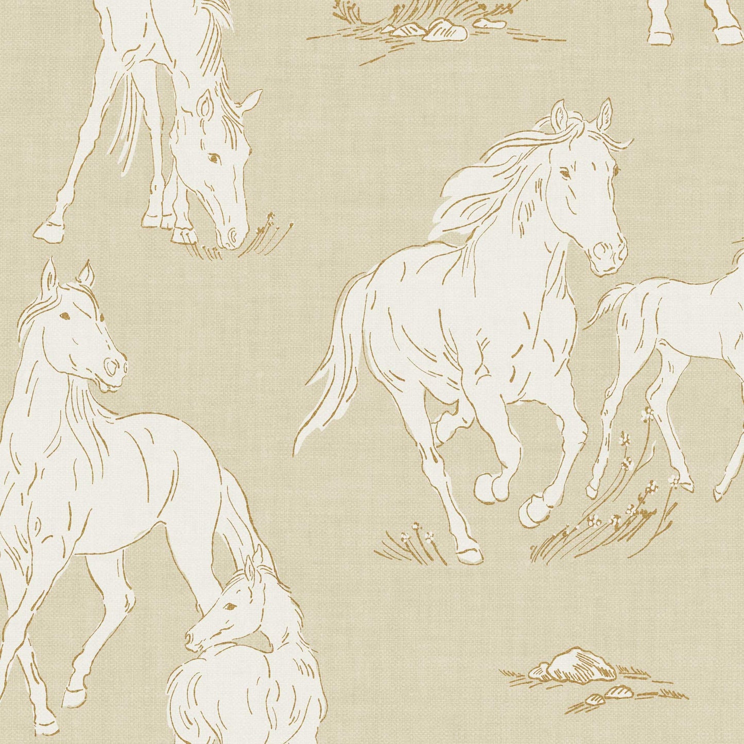 Closeup view of Vintage Charm Horses Wallpaper - Beige