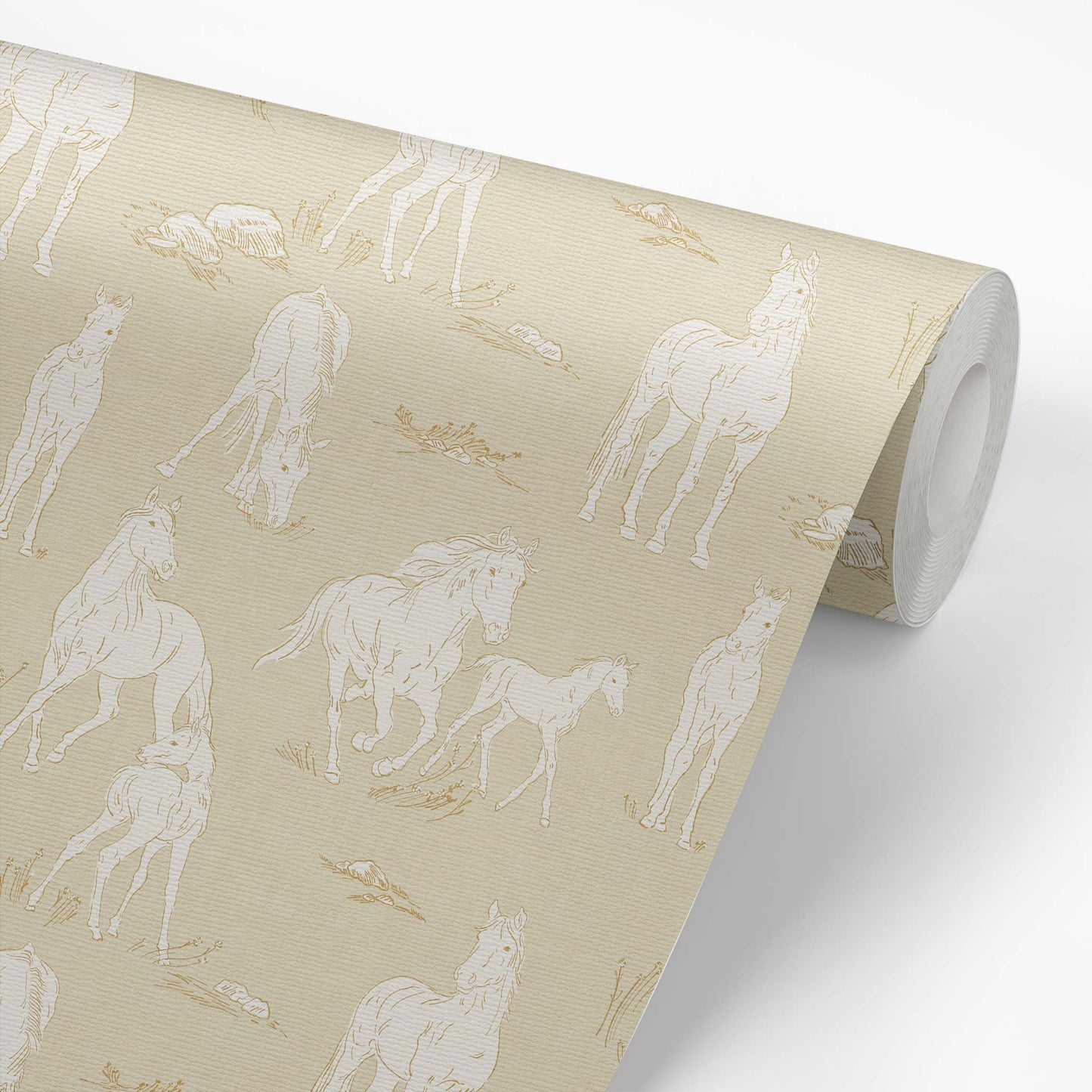 Vintage Charm Horses Wallpaper - Beige shown on a roll