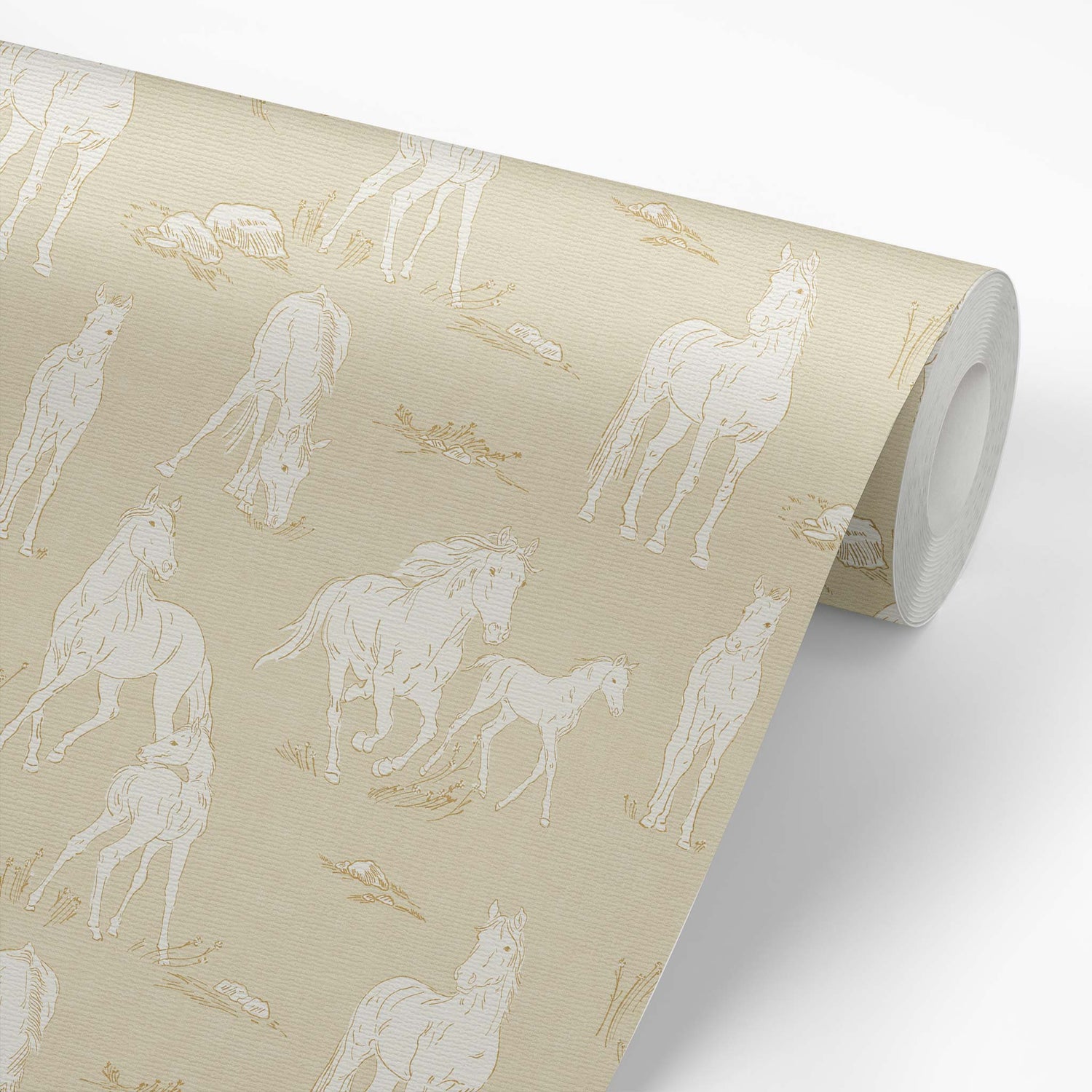 Vintage Charm Horses Wallpaper - Beige shown on a roll
