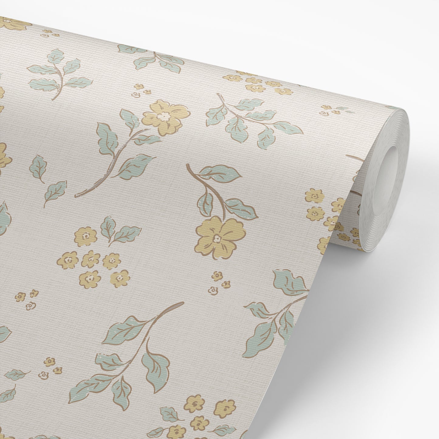 Vintage Serenity Wallpaper in Yellow shown on a wallpaper roll.