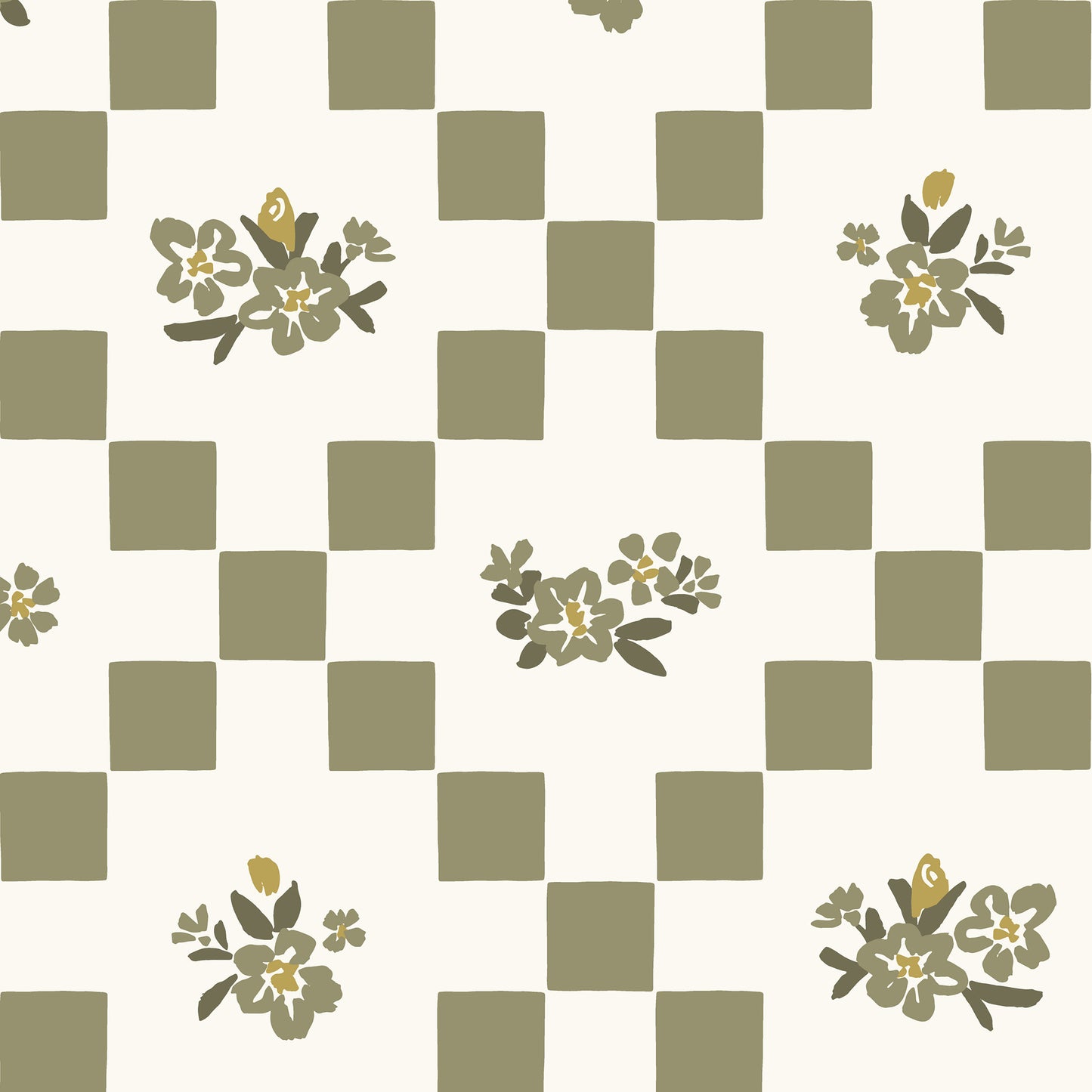 Vintage Bloom Mosaic Wallpaper in Olive Green shown close up.