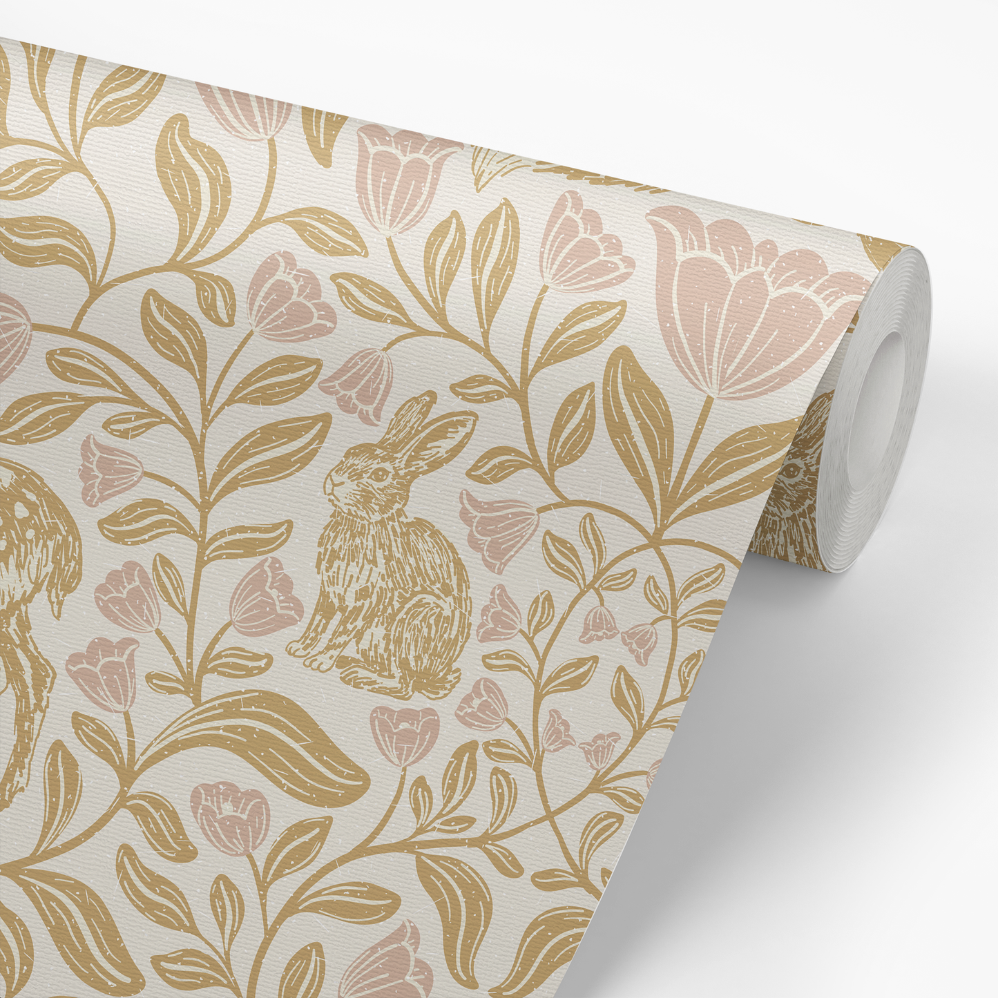 Roll of wallpaper with floral and rabbit design on a white background