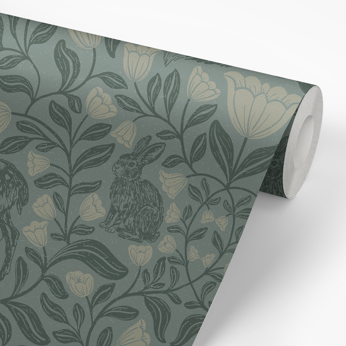 Roll of wallpaper with rabbit and floral design on a green background