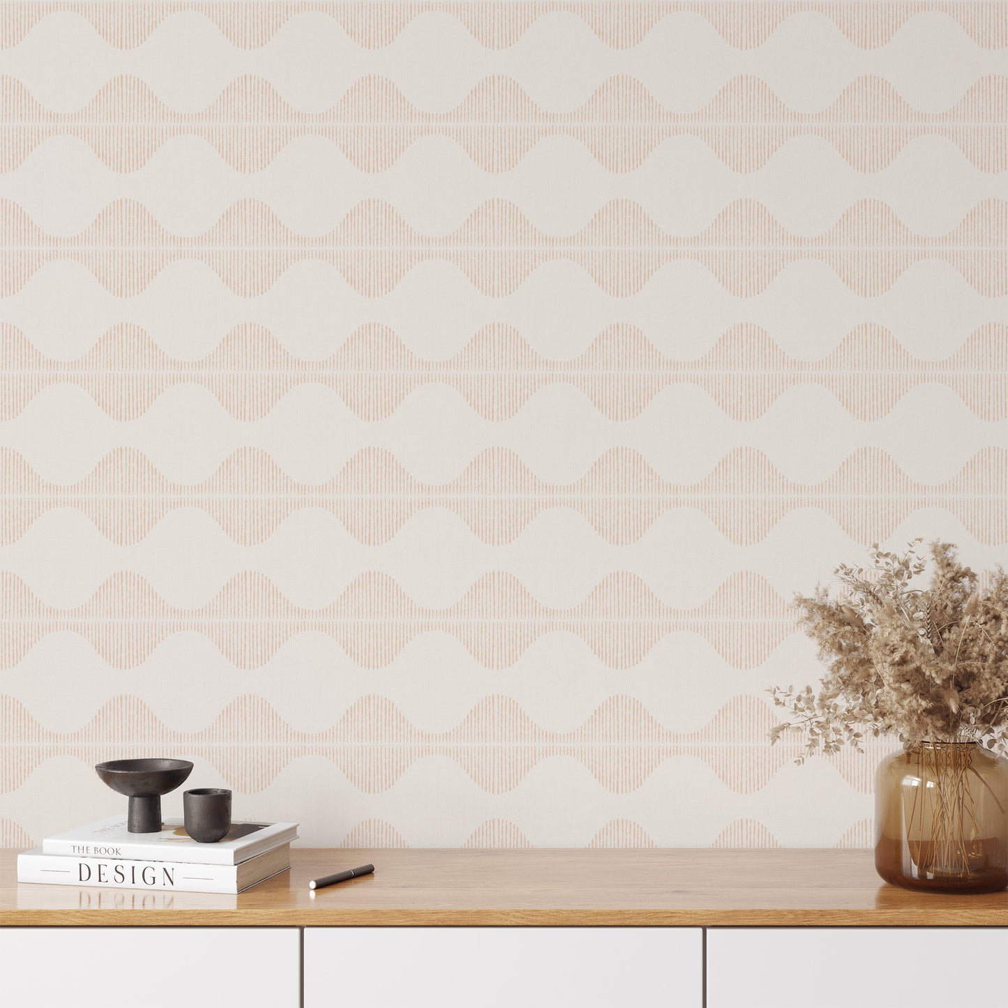 Bring a wave of modern beauty to any room with this stunning Wavy Line Art Wallpaper! The subtle coral on cream design is completely gorgeous and sure to make a statement in any space.