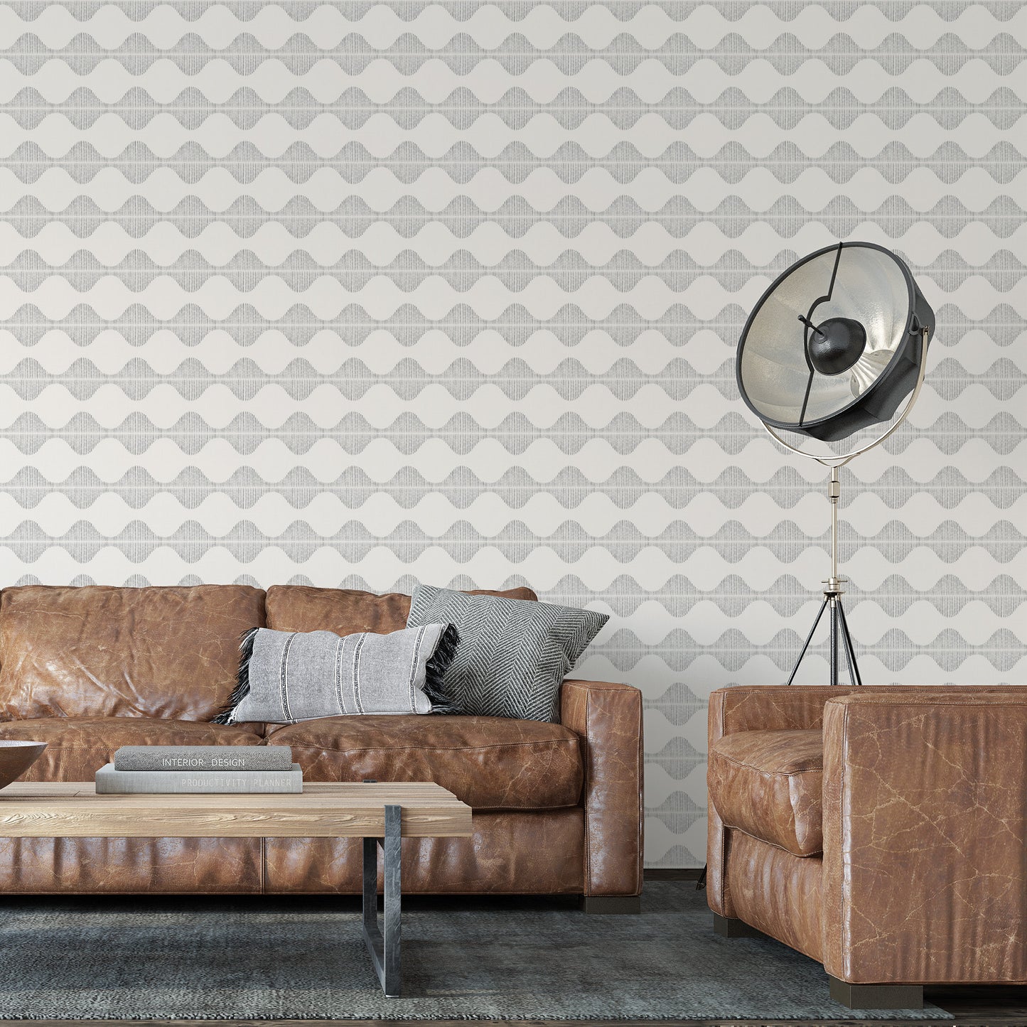 Bring a wave of modern beauty to any room with this stunning Wavy Line Art Wallpaper! The subtle gray on cream design is completely gorgeous and sure to make a statement in any space.