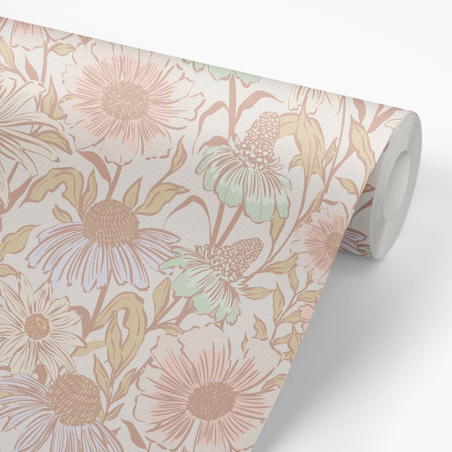 Roll of floral wallpaper with pink flowers on a light background