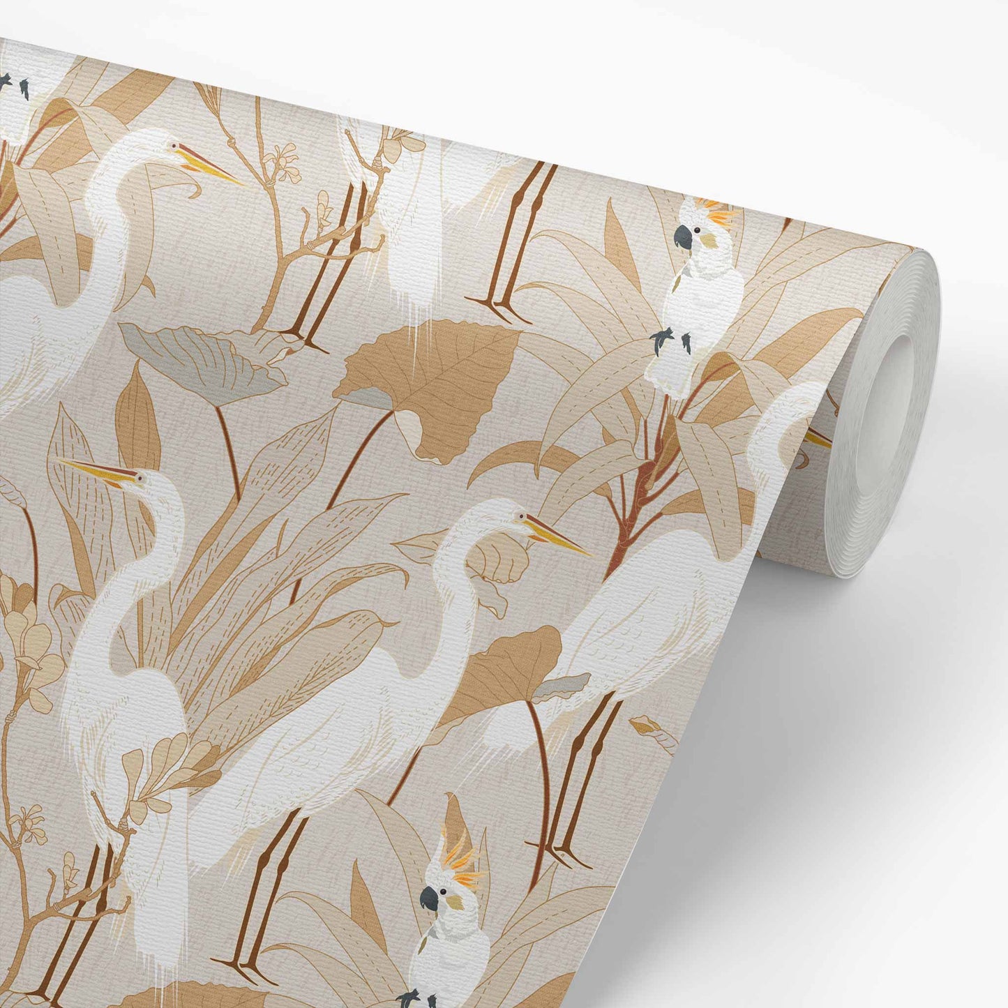 Designed with an eye-catching flair of animals and class, Cranes and Cockatoo Wallpaper - Bone encaptures tasteful luxury. This exclusive wallpaper features a sophisticated design of cranes and cockatoos, perfect for bringing a sense of refinement and elegance to your home.