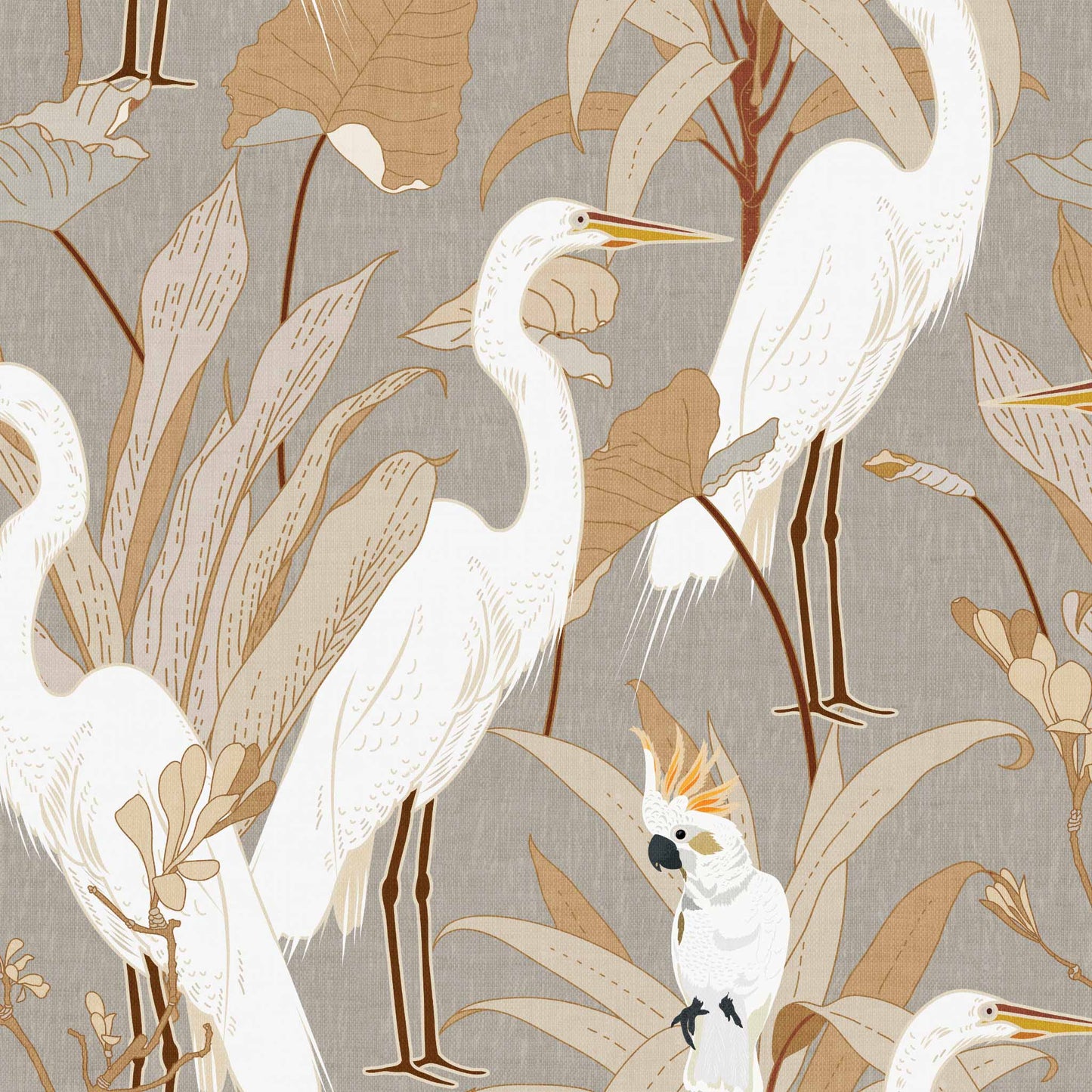 Designed with an eye-catching flair of animals and class, Cranes and Cockatoo Wallpaper - Gray encaptures tasteful luxury. This exclusive wallpaper features a sophisticated design of cranes and cockatoos, perfect for bringing a sense of refinement and elegance to your home.