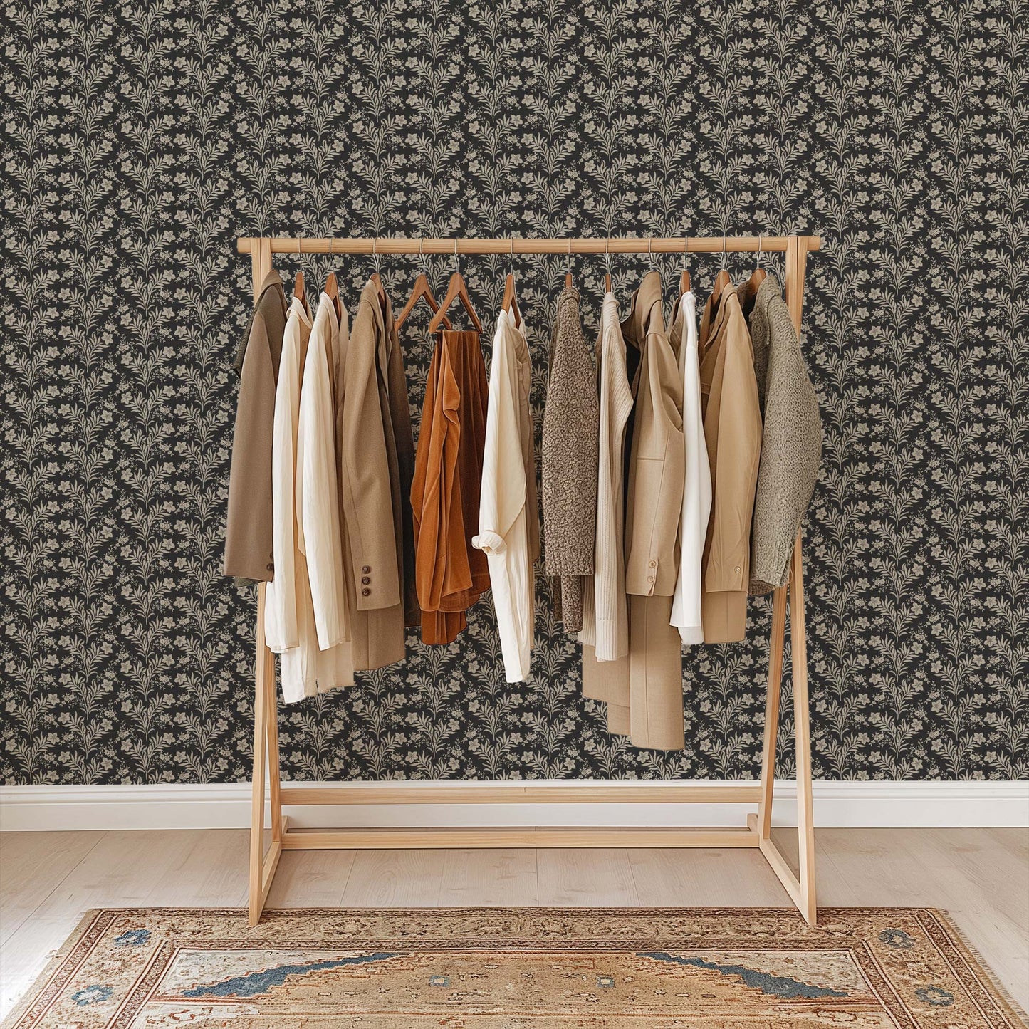 Wildflower Vines Wallpaper in Ash shown in a room.