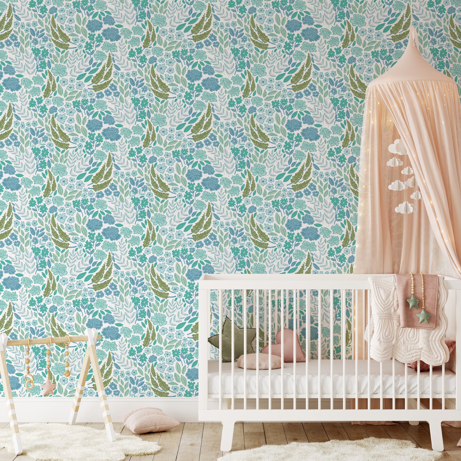 Add natural beauty to your home with Wildflower Waltz Wallpaper - Wild Blue. The stunning array of botanical and colorful wildflowers creates a peaceful and welcoming atmosphere shown in a full size image.