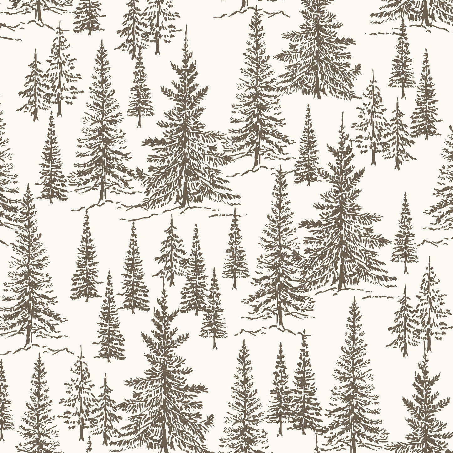Winter Pines Wallpaper in Cub Brown in a closeup view