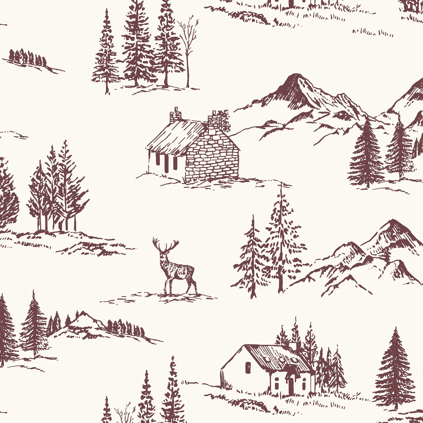 Winter Valley Toile Wallpaper in Burgundy in a closeup view