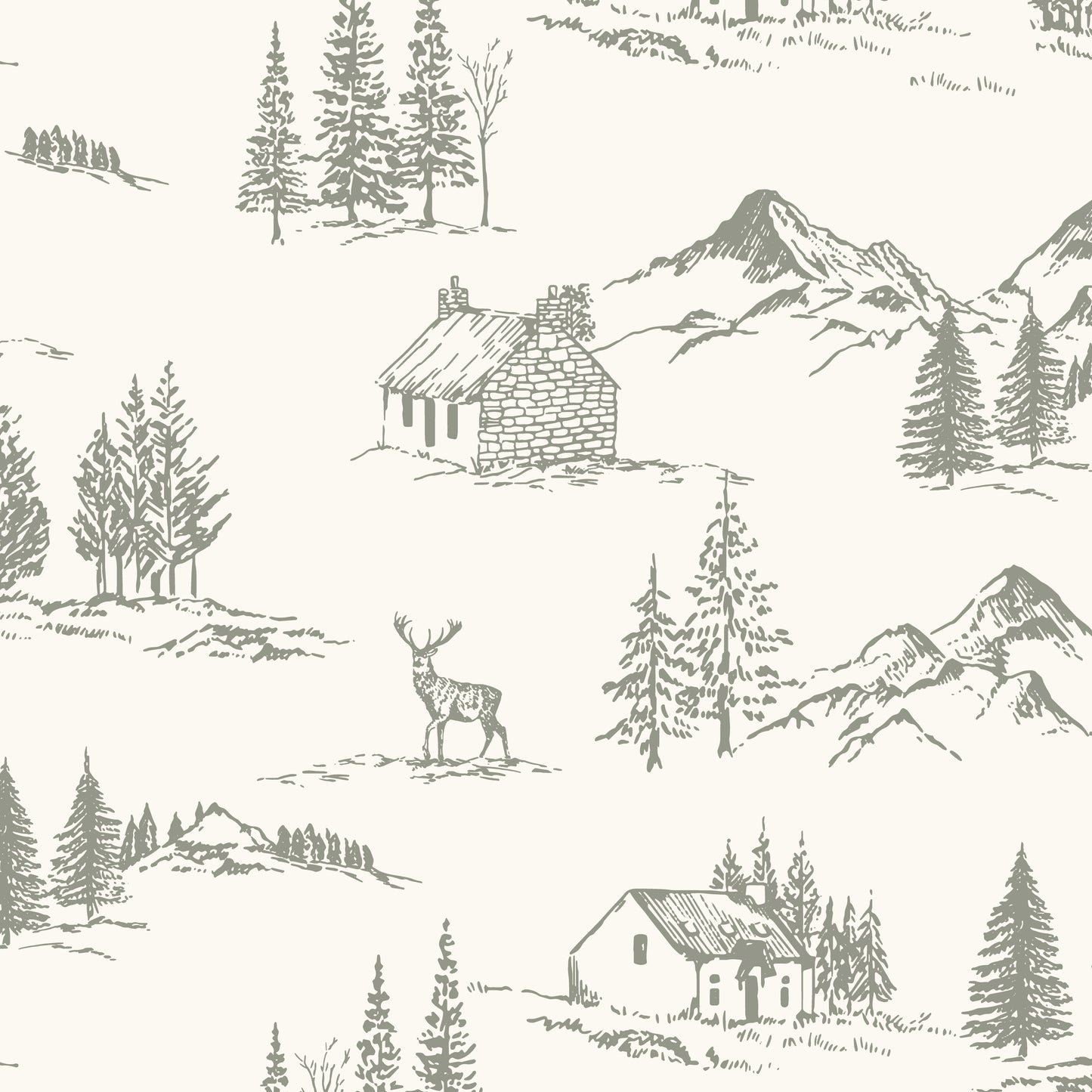 Winter Valley Toile Wallpaper in Soft Sage in a closeup view