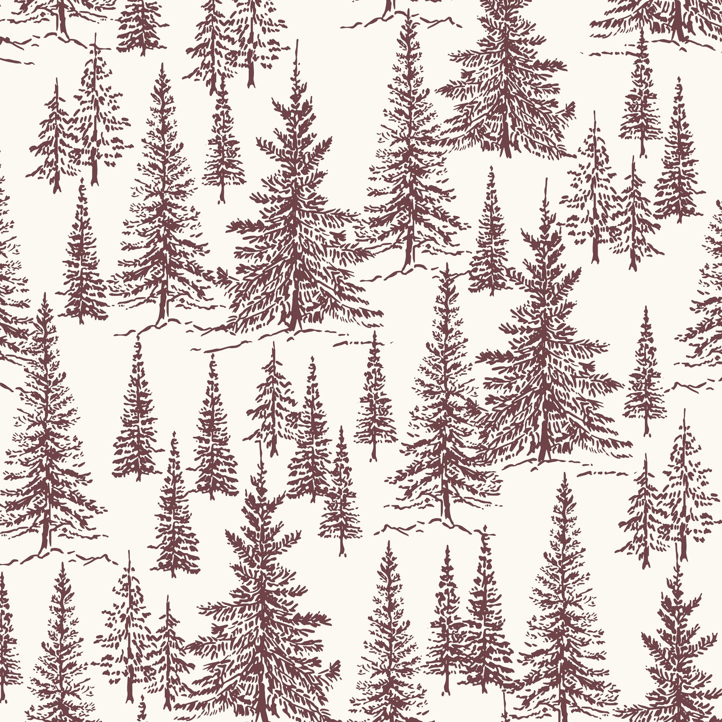 Winter Pines Wallpaper in Burgundy in a closeup view