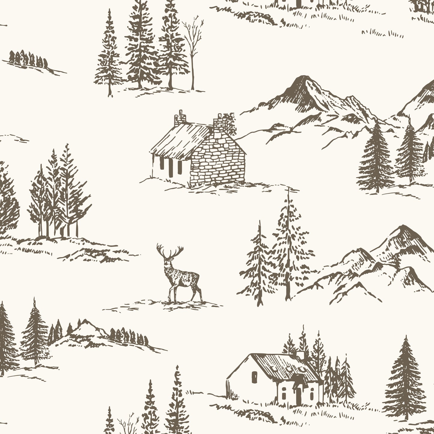 Winter Valley Toile Wallpaper in Cub Brown in a closeup view