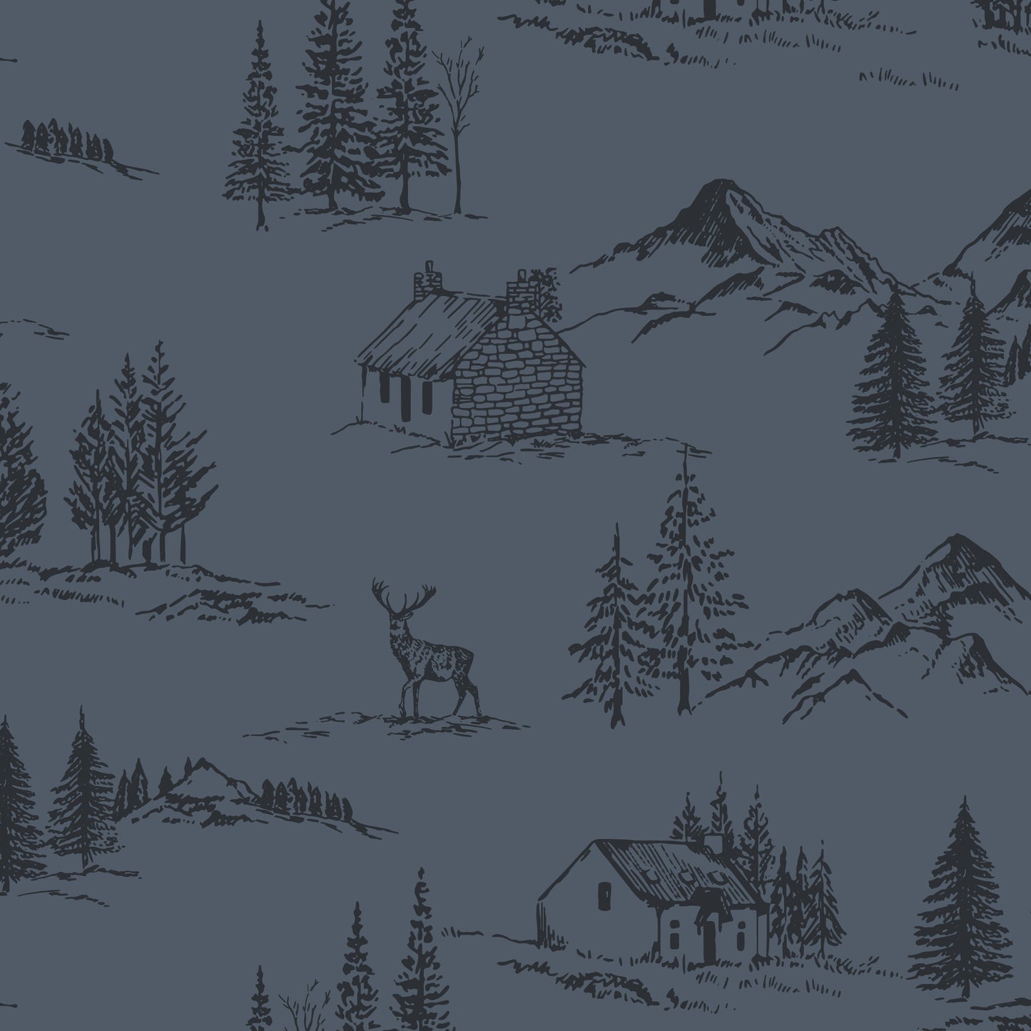 Winter Valley Toile Wallpaper in Midnight Blue in a closeup view