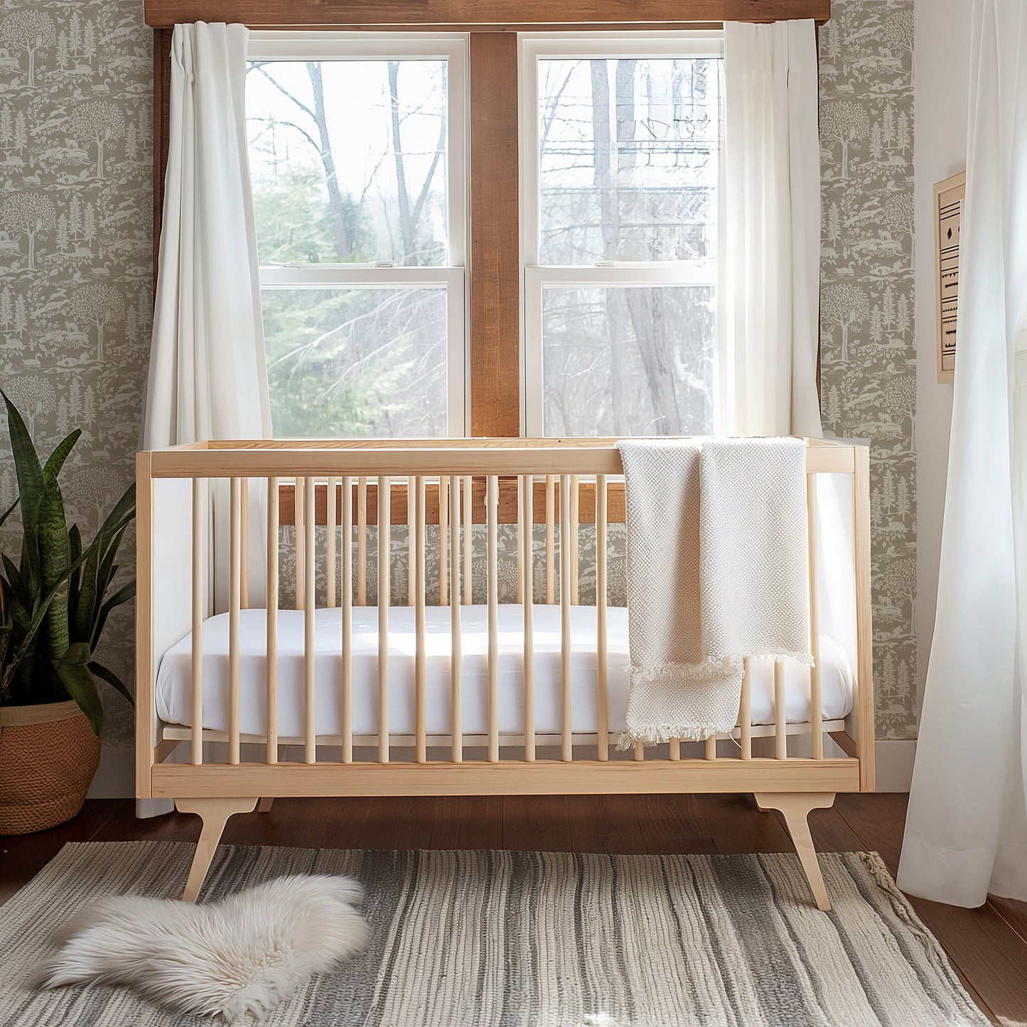 Woodland Meadow Wallpaper in Brown shown in a nursery.