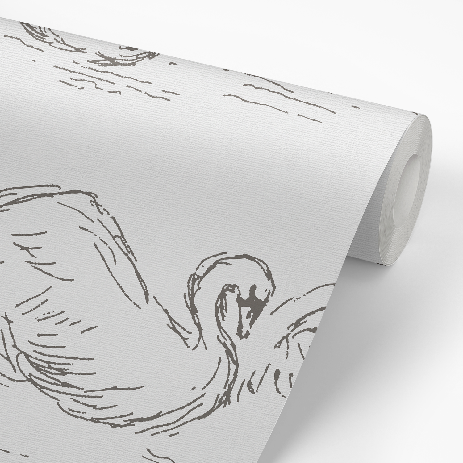 This picture shows a roll of our peel and stick, removable Swans wallpaper in cream by artist Rose Lindo.