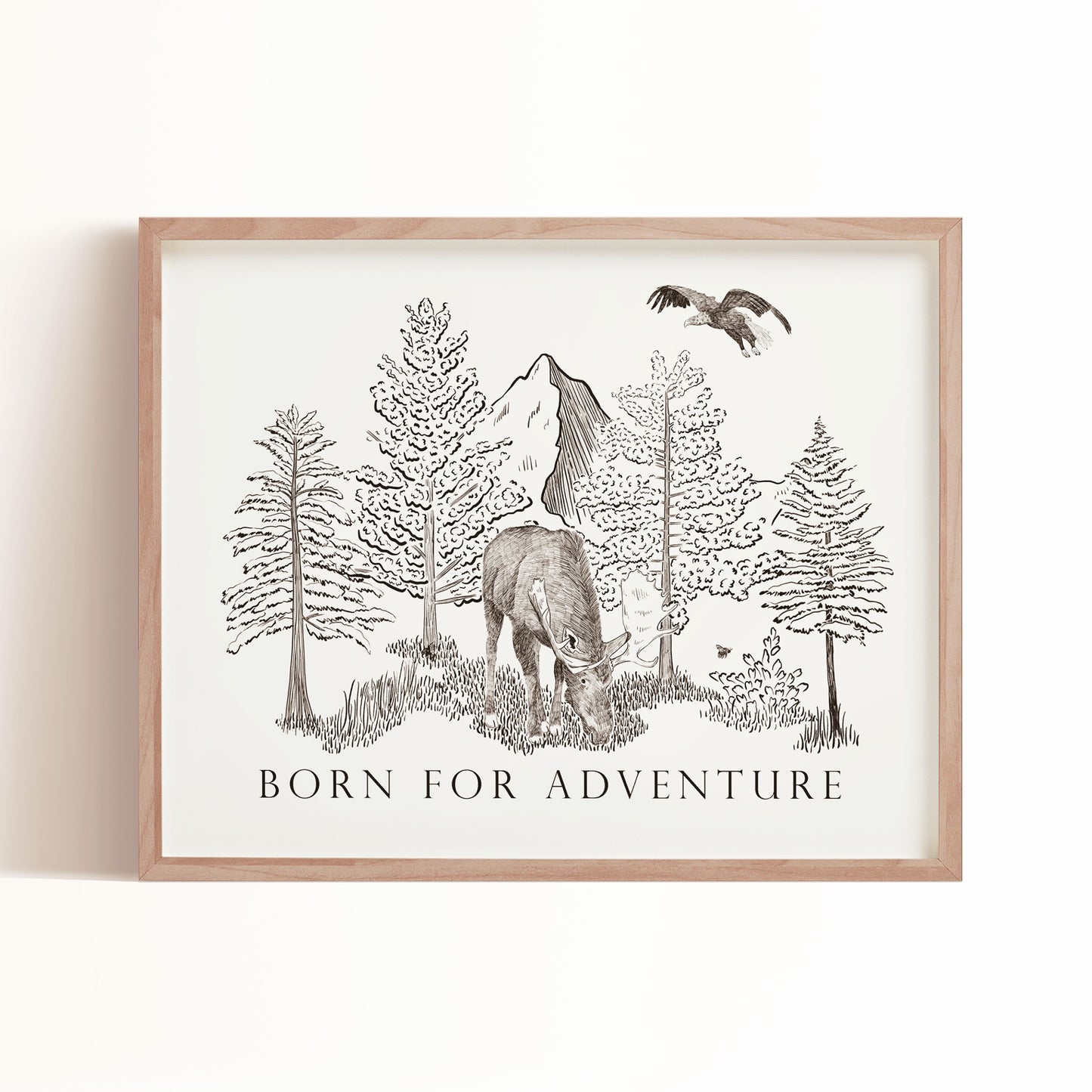 Playful Born for Adventure art print features a natural scene including a moose and eagle that is the perfect compliment to your kids room.