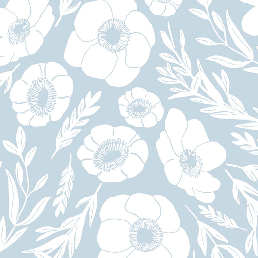 Winter Poppies Wallpaper - Dusty Blue
