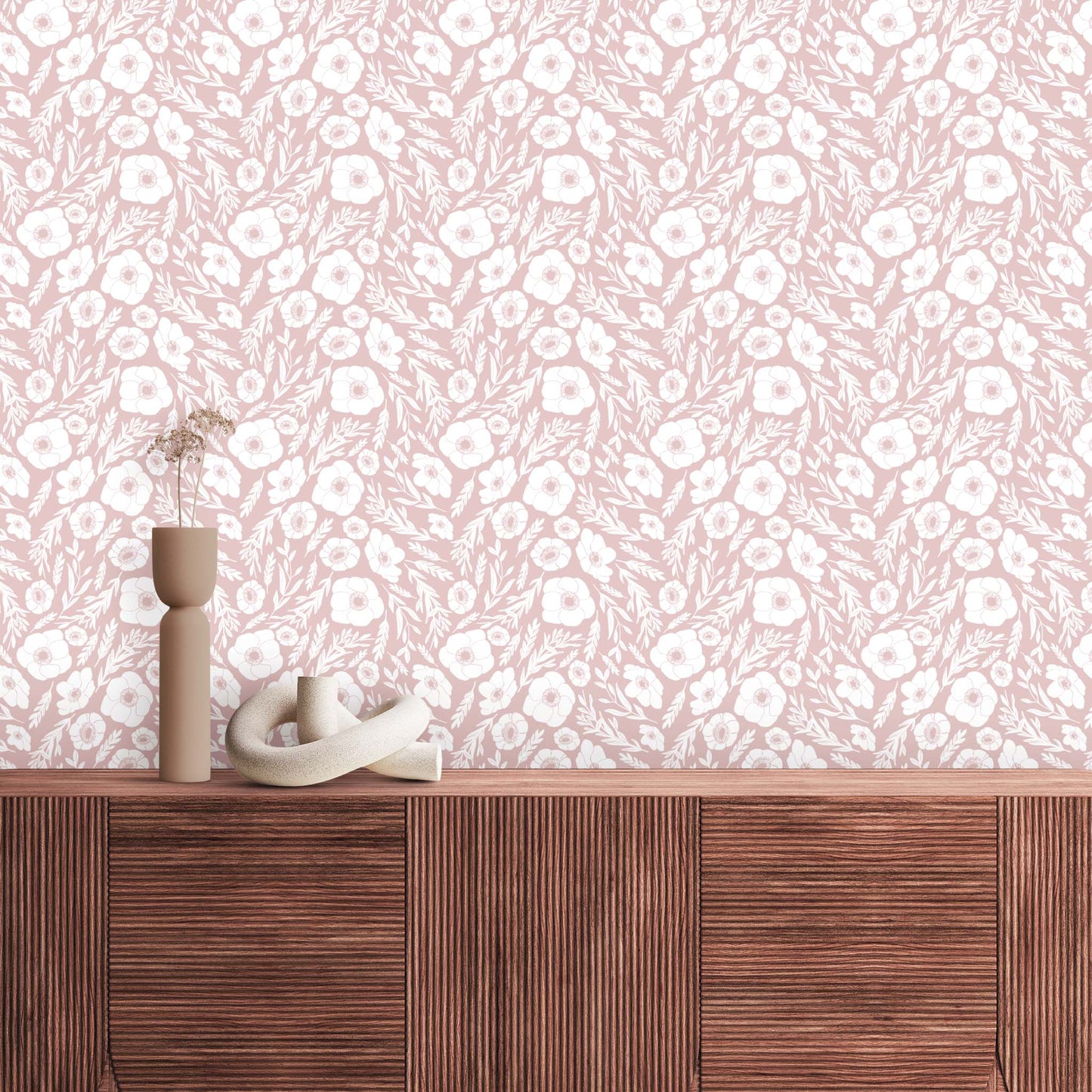 Winter Poppies Wallpaper - Dusty Rose