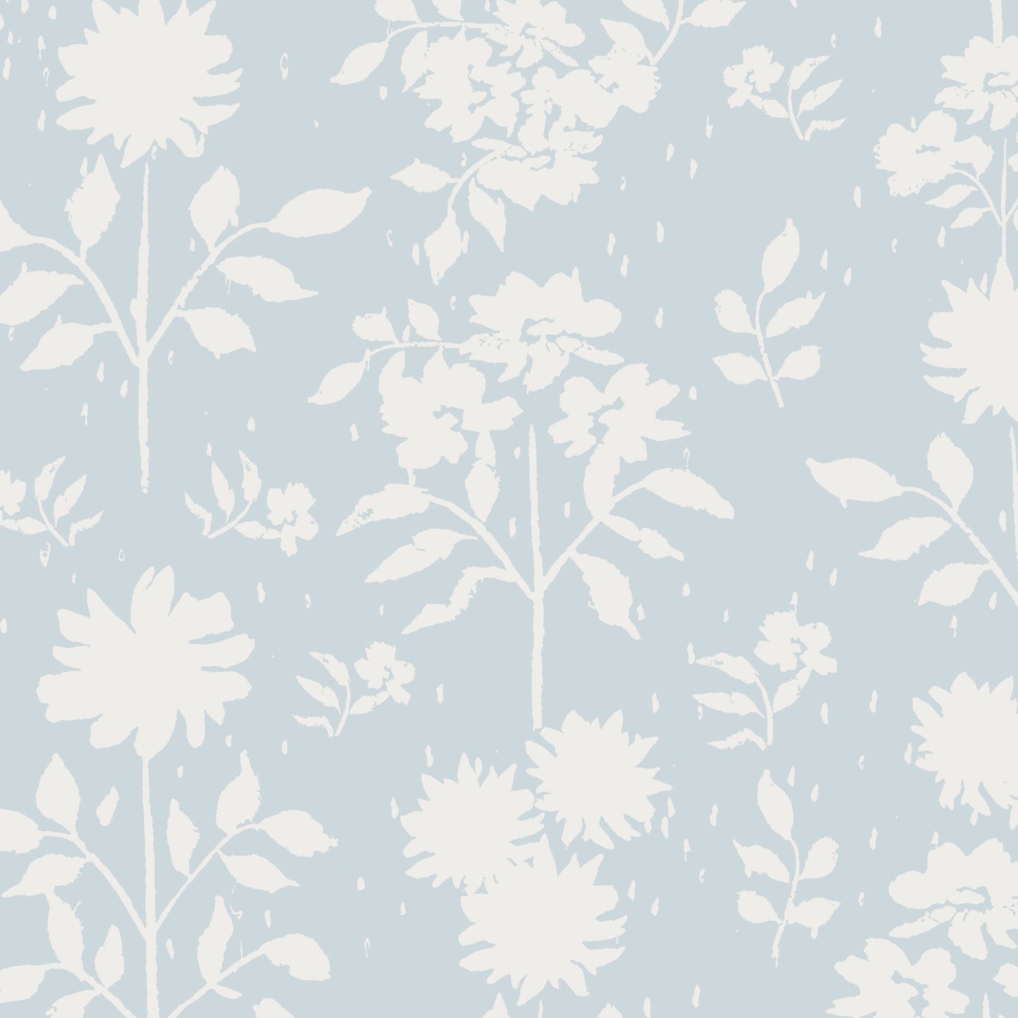 Close up of white florals on light blue background on high-quality peel and stick wallpaper