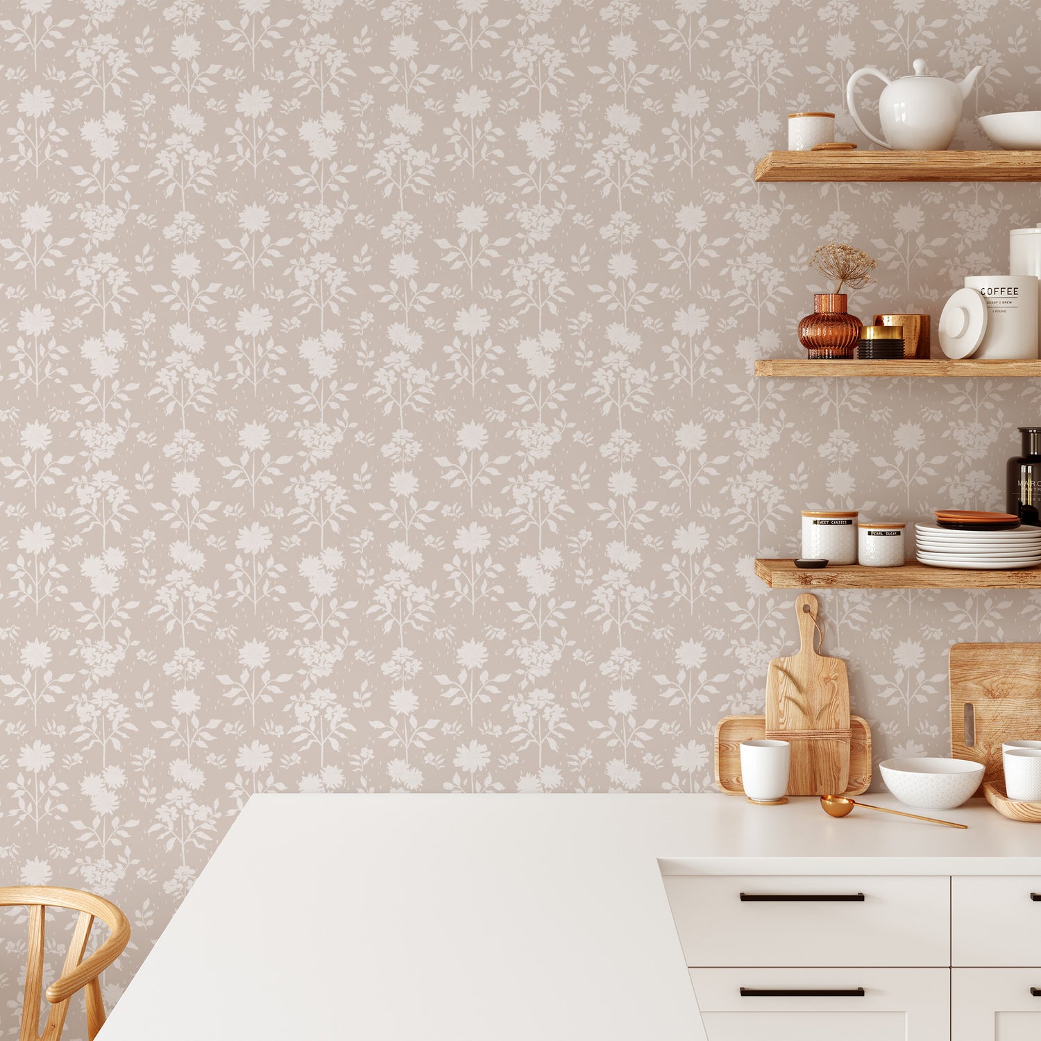 Classy white floral design on high-quality peel and stick wallpaper installed in a beautiful space with floating shelves