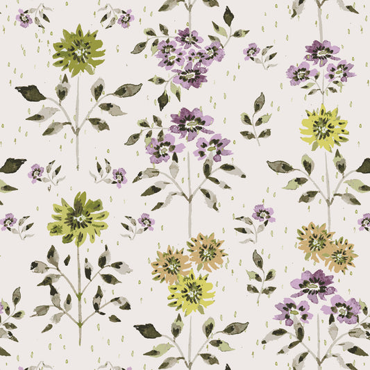 Close up of Cecilia wallpaper with green and lavender flowers with beautiful green leaves highlighted against an off-white background.