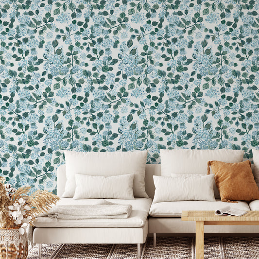 Living room with high quality peel-and-stick wallpaper with  beautiful blue florals and green leaves -- hand-painted design