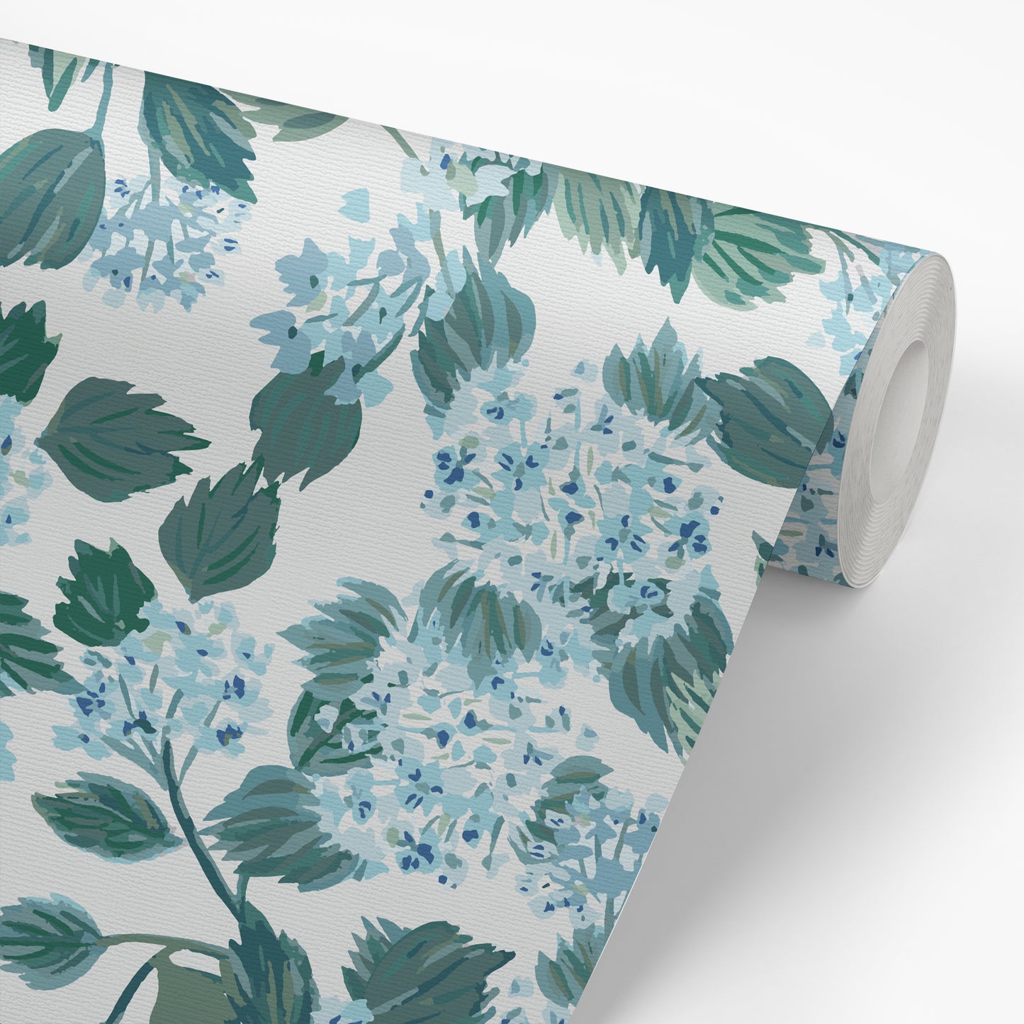 Roll of designer quality wallpaper with blue floral and green leaves design