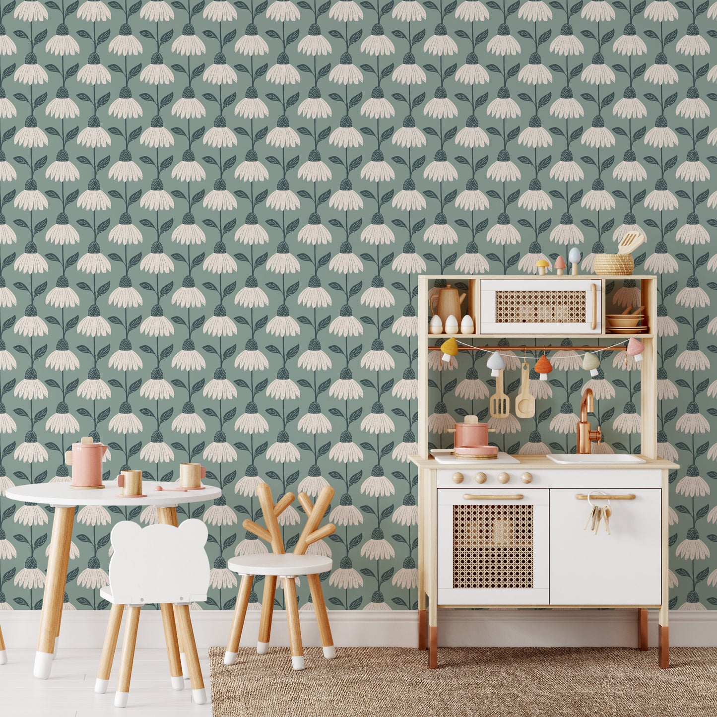 Garden Cosmos Wallpaper - Pine Green