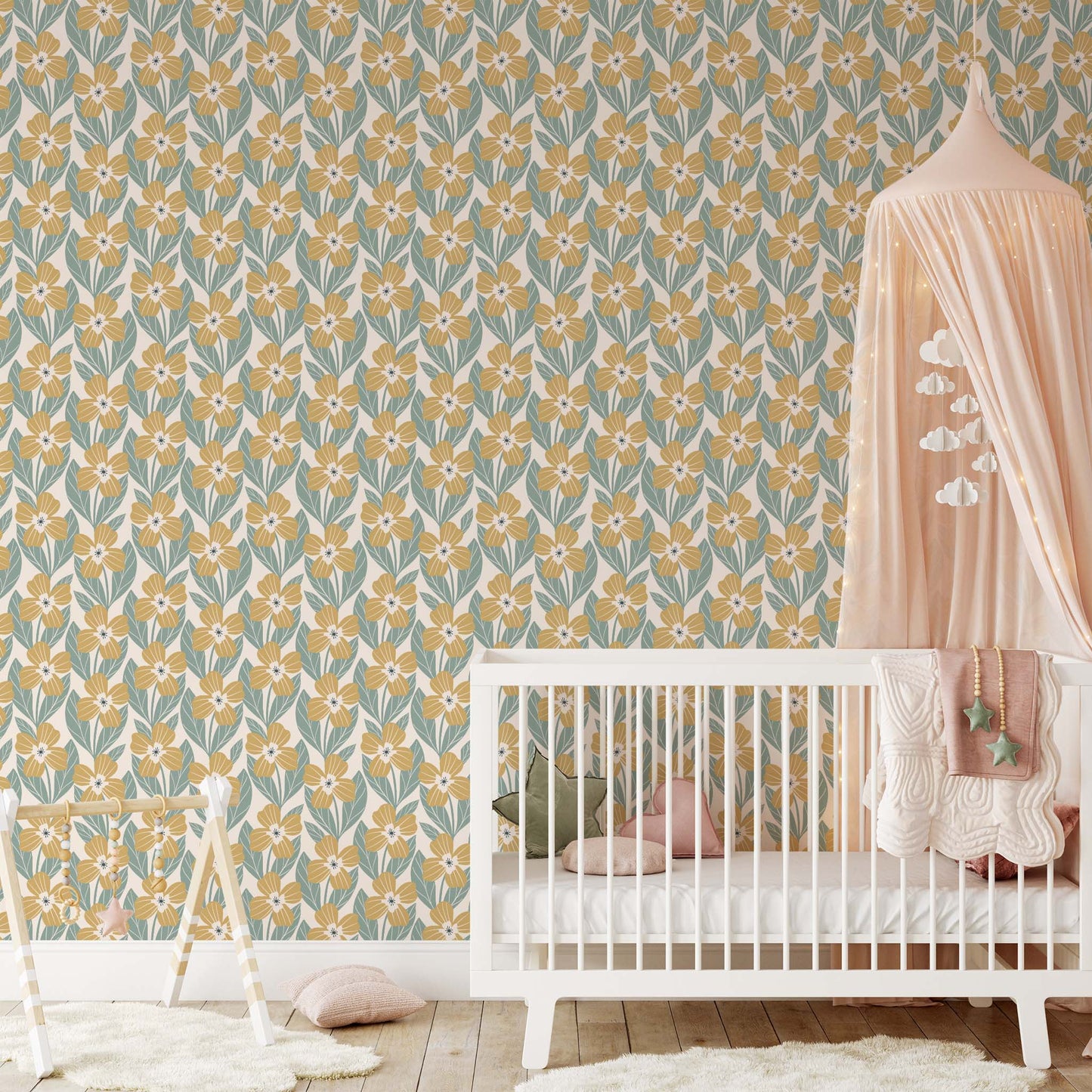 Garden Poppies Wallpaper - Yellow and Sage