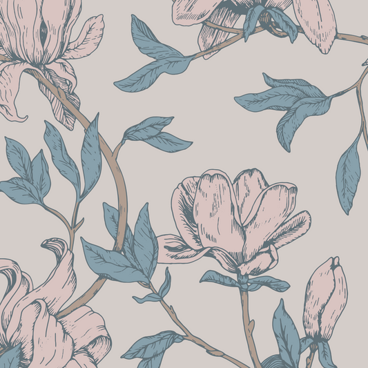 Magnolia Wallpaper - Greige and Dove Blue