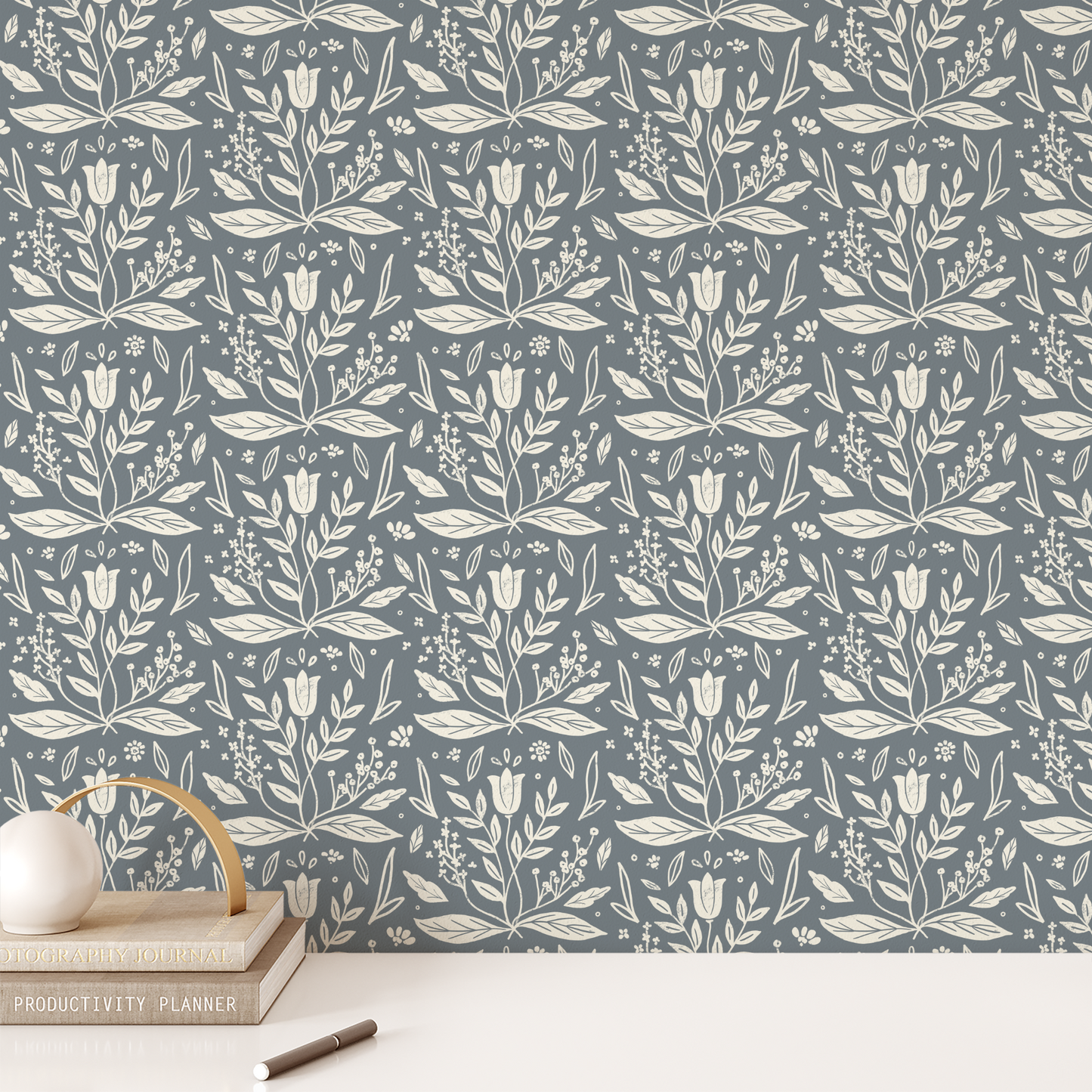 Folk Blooms Wallpaper - Steel Blue