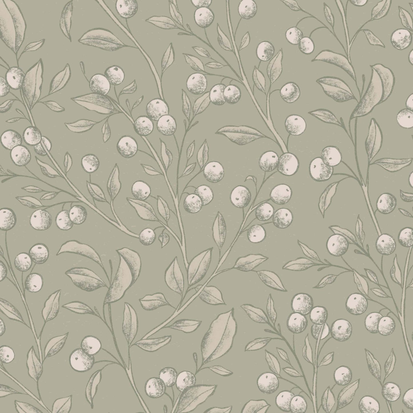Zoomed in view of our Berries Wallpaper in Dry Sage is a peel and stick, removable wallpaper with hand-drawn sketched berries in dry sage and white by artist Mariah Cottrell.