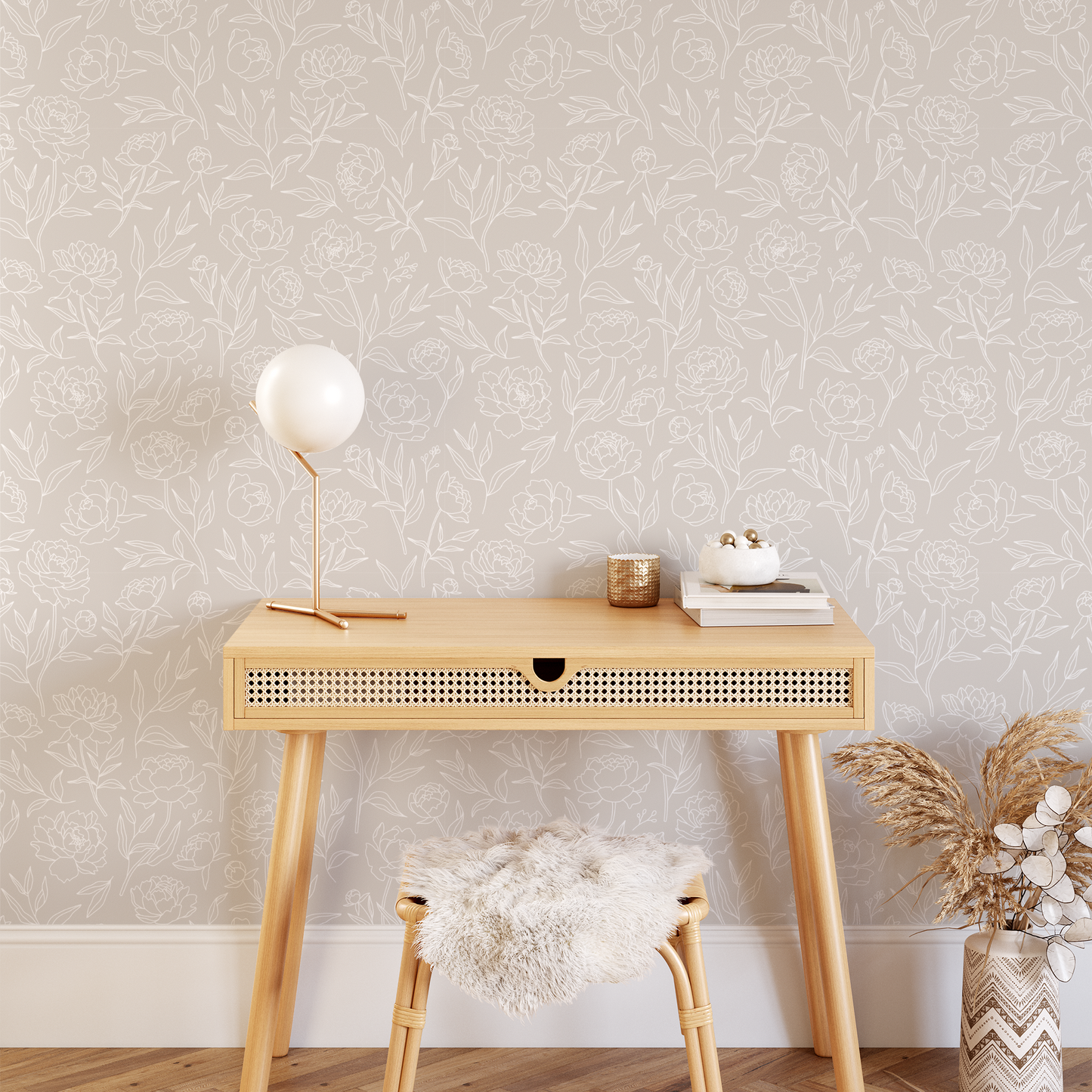 Peony Wallpaper - White on Taupe