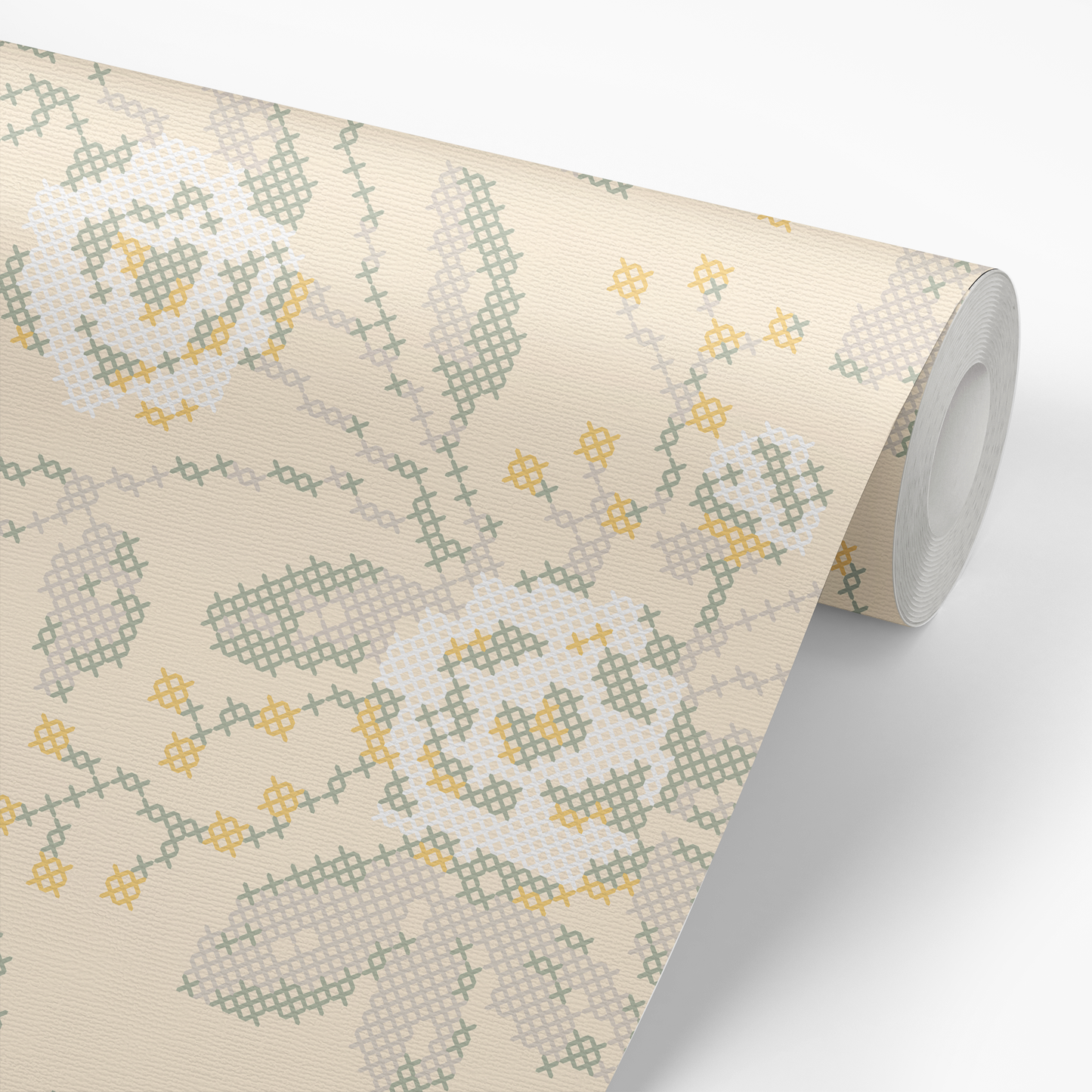 Cross Stitch Flowers Wallpaper - Butter Yellow