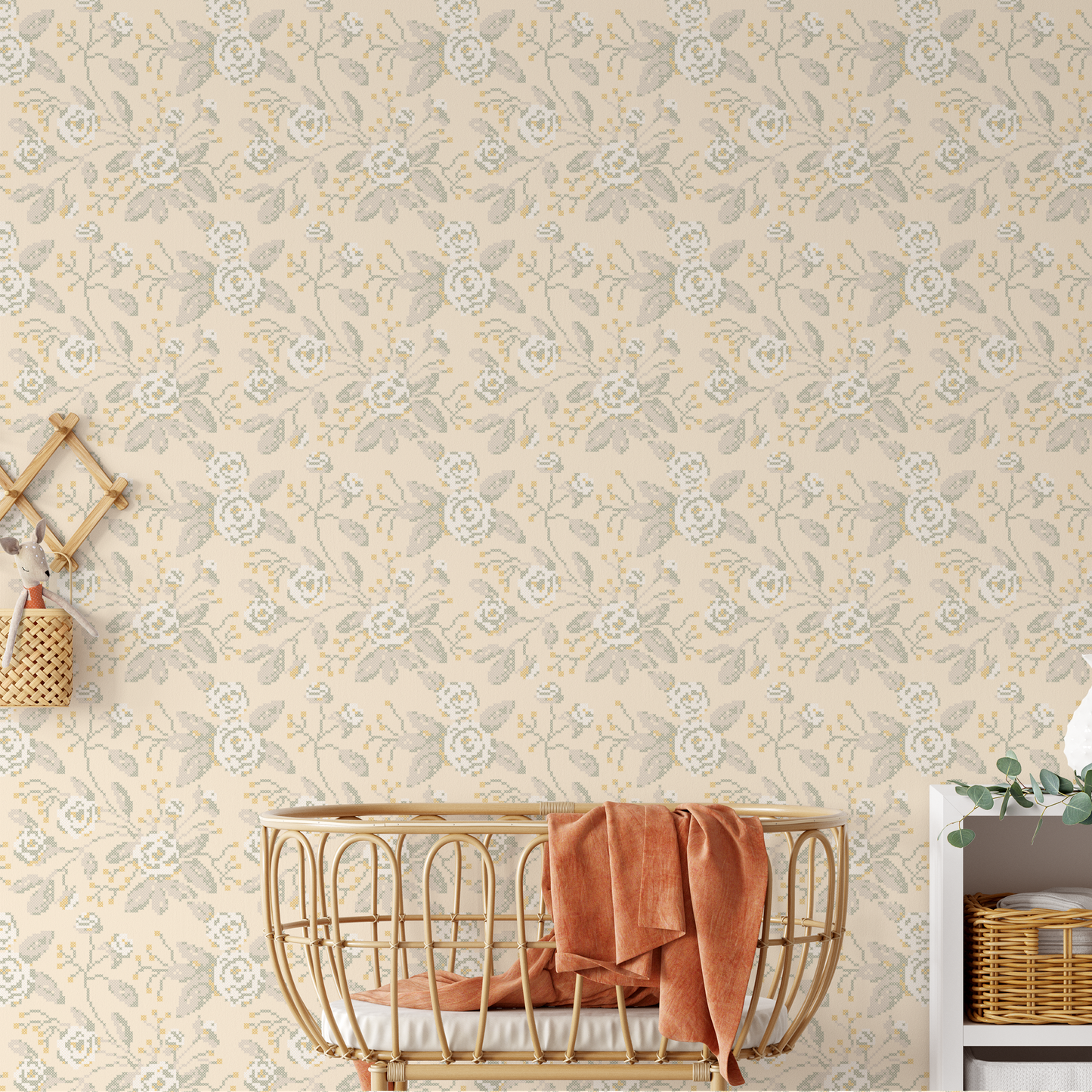 Cross Stitch Flowers Wallpaper - Butter Yellow
