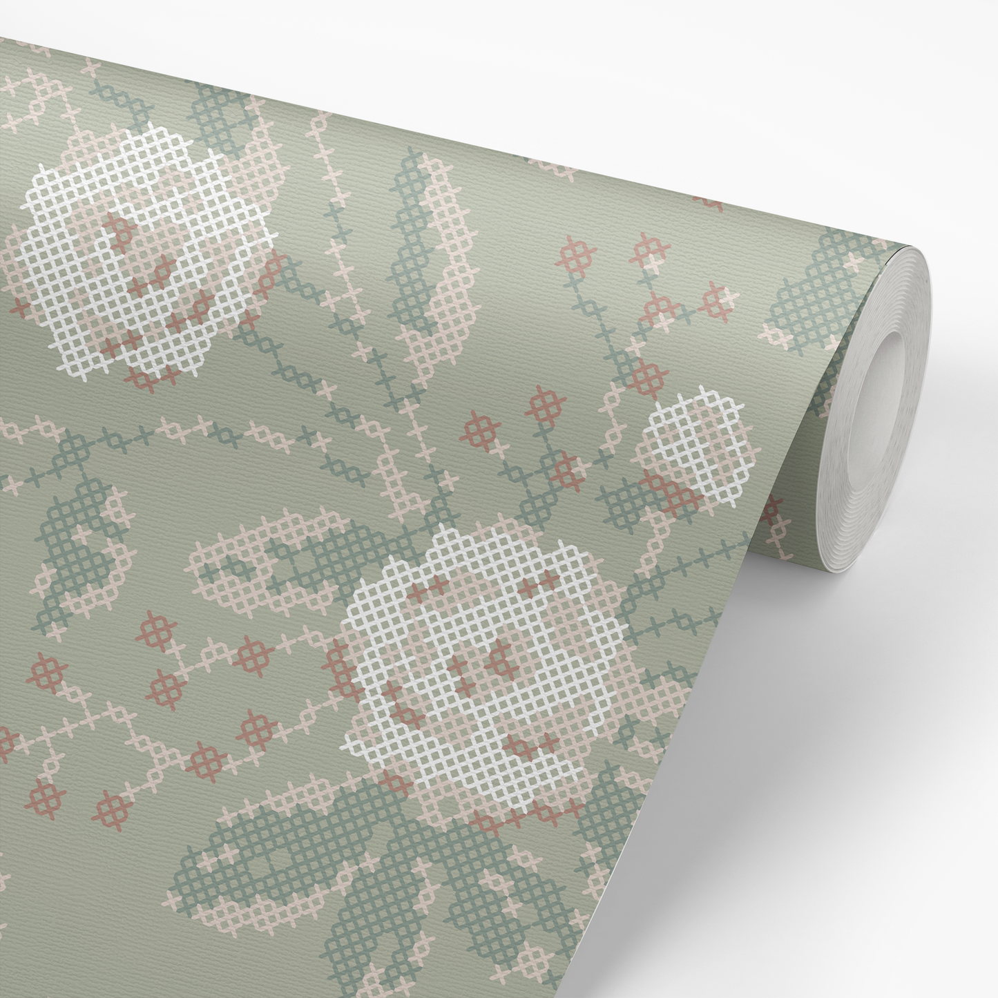 Cross Stitch Flowers Wallpaper - Green