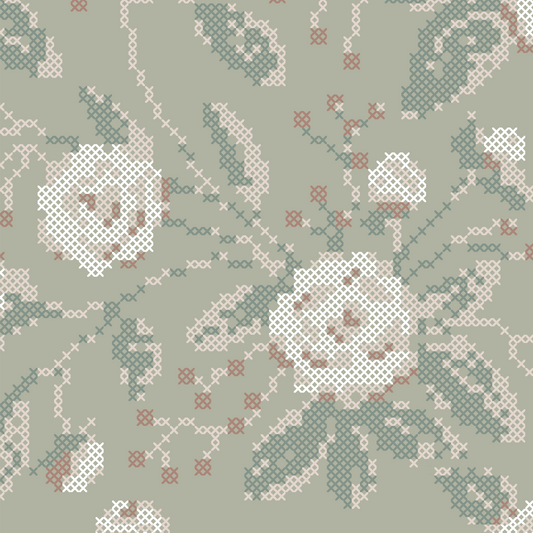 Cross Stitch Flowers Wallpaper - Green