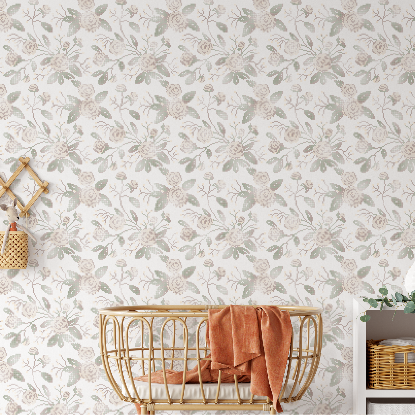 Cross Stitch Flowers Wallpaper - Ivory