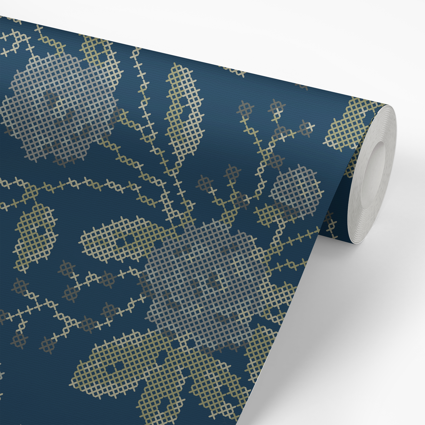 Cross Stitch Flowers Wallpaper - Navy
